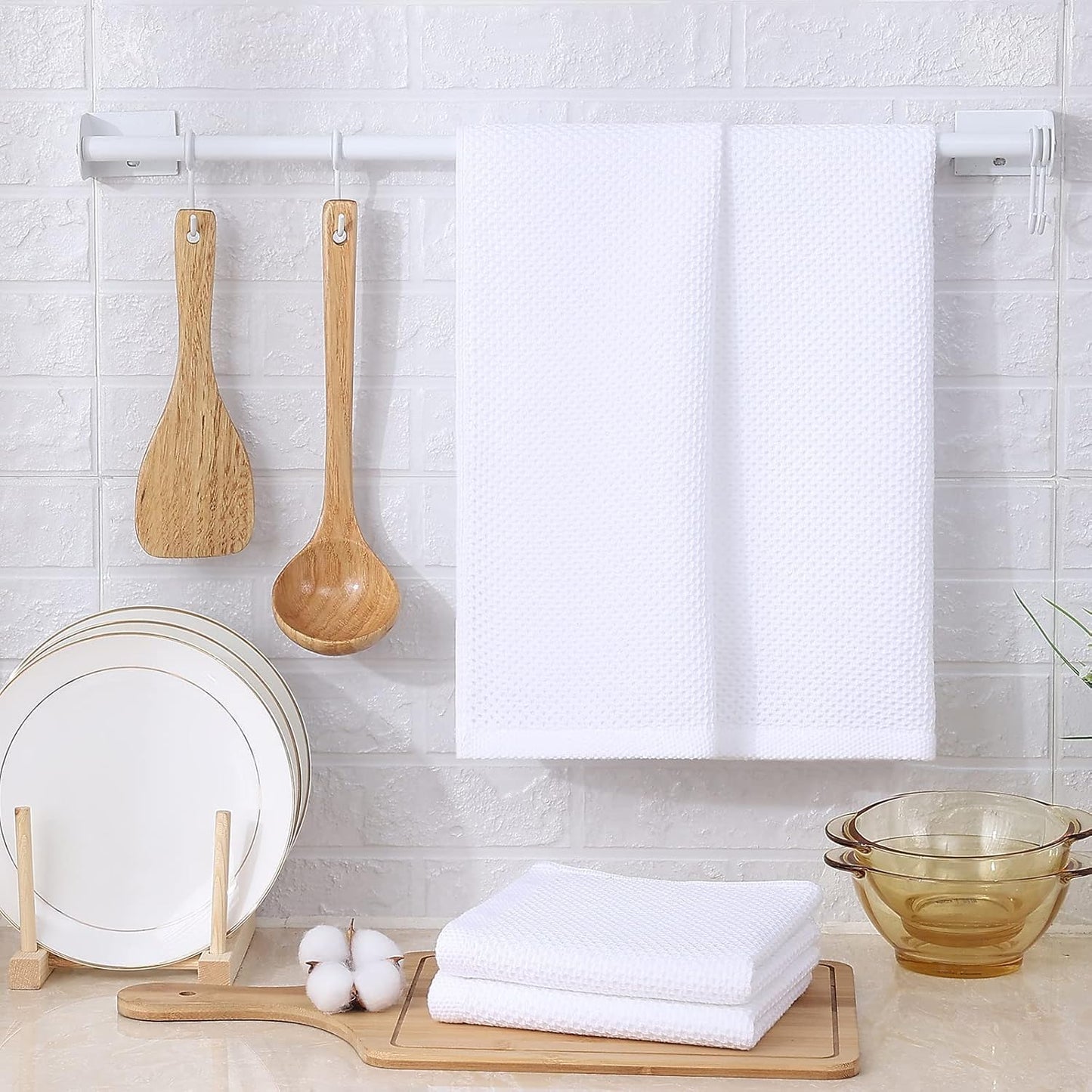 Kitinjoy 100% Cotton Waffle 12-Pack Kitchen Towels, 13" x 28", White | Super Soft, Ultra-Absorbent, Fast Drying