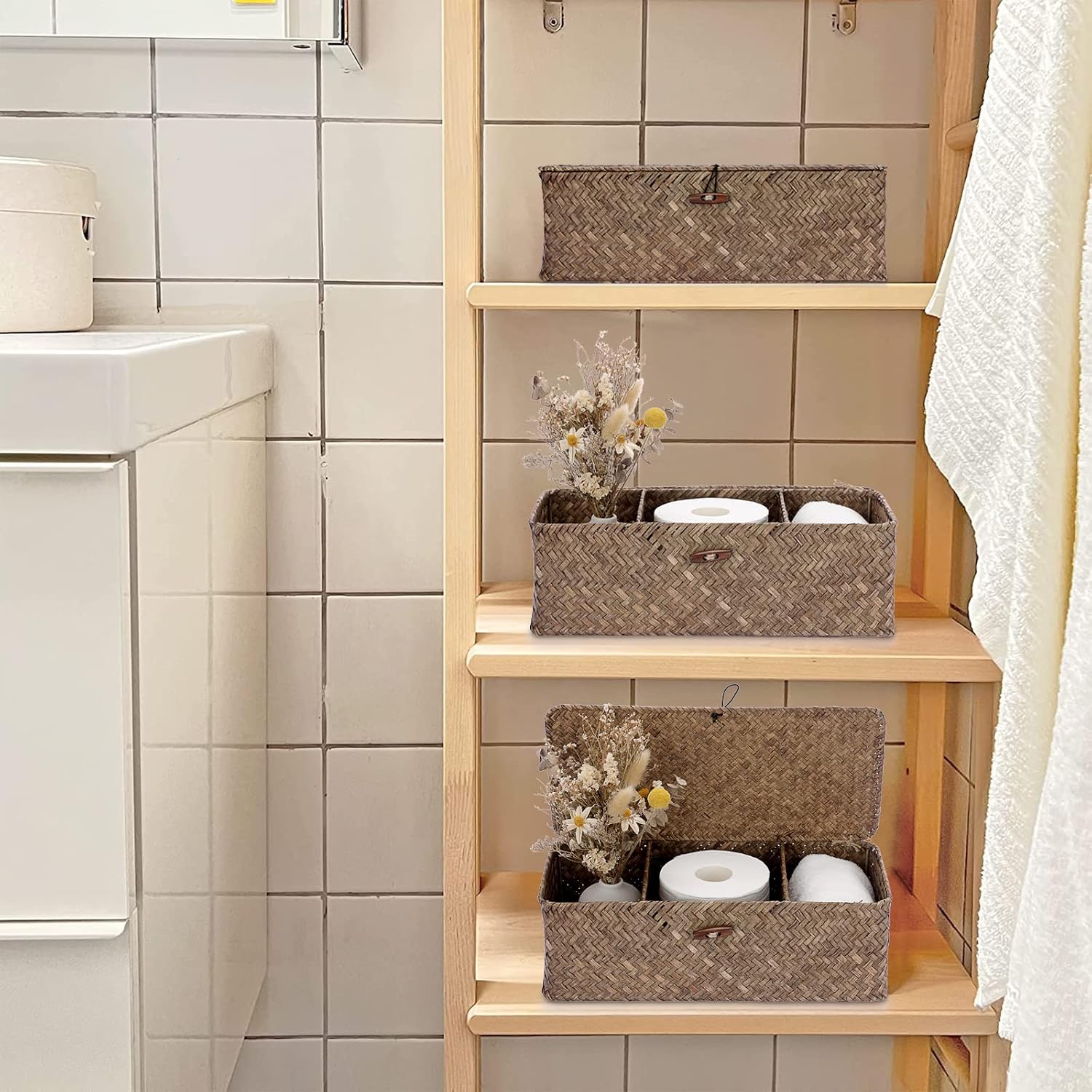 Lid Toilet Tank Basket Holder Handwoven Wicker Basket Home Organizer Bin