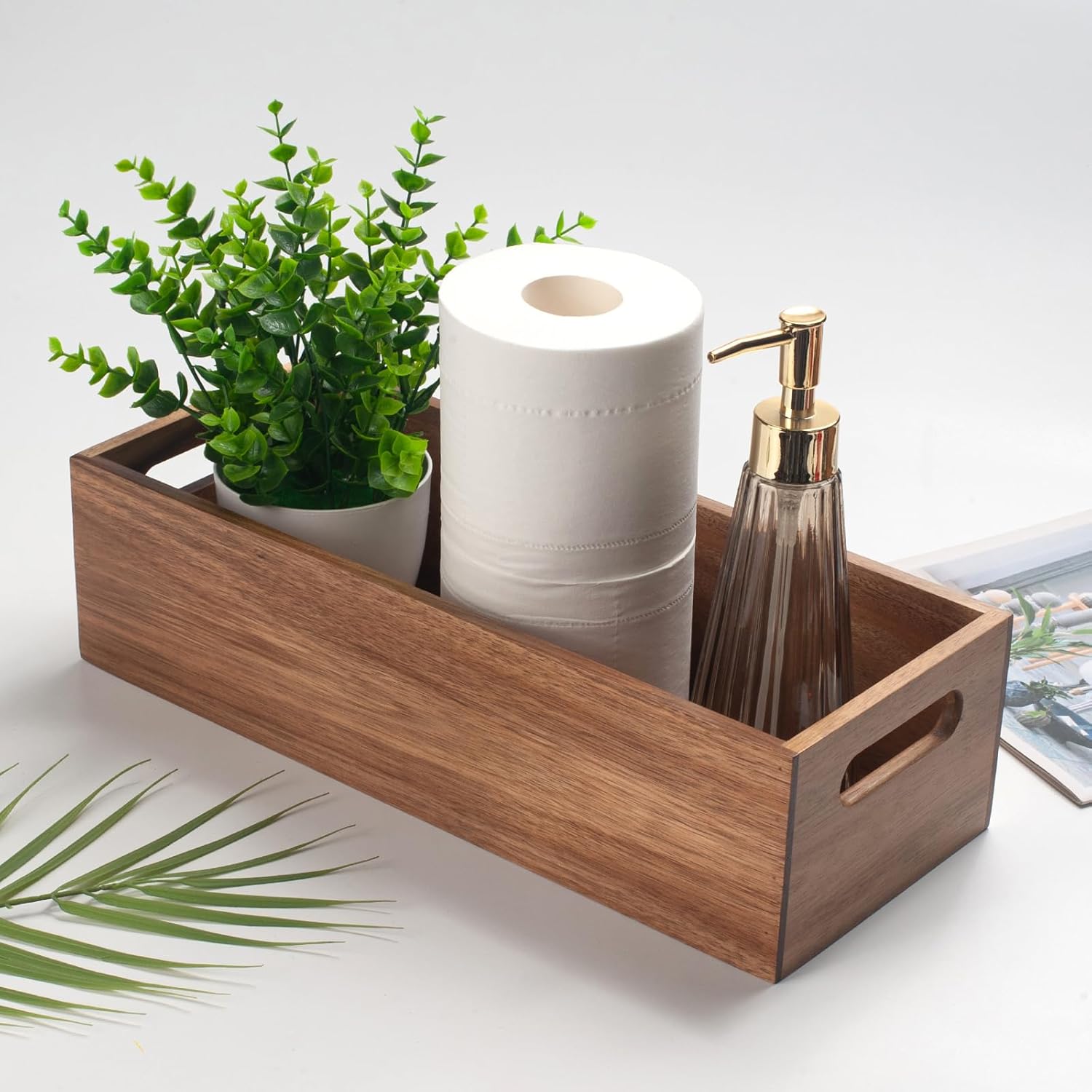 Acacia Wood Bathroom Storage Basket for Organizing / 15 x 6 x 4