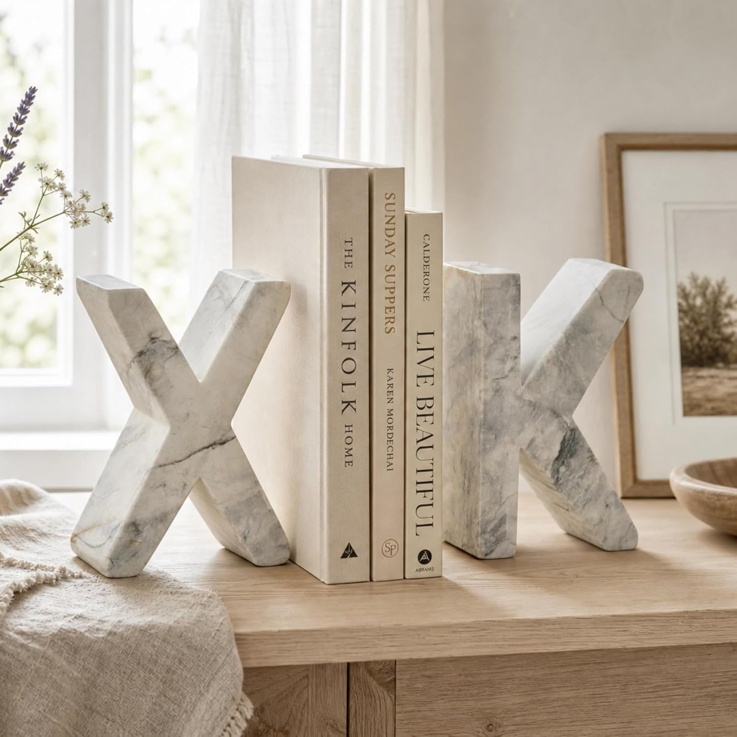 Decorative Concrete Bookends / Marble-Patterned Letter Bookends for Heavy Books