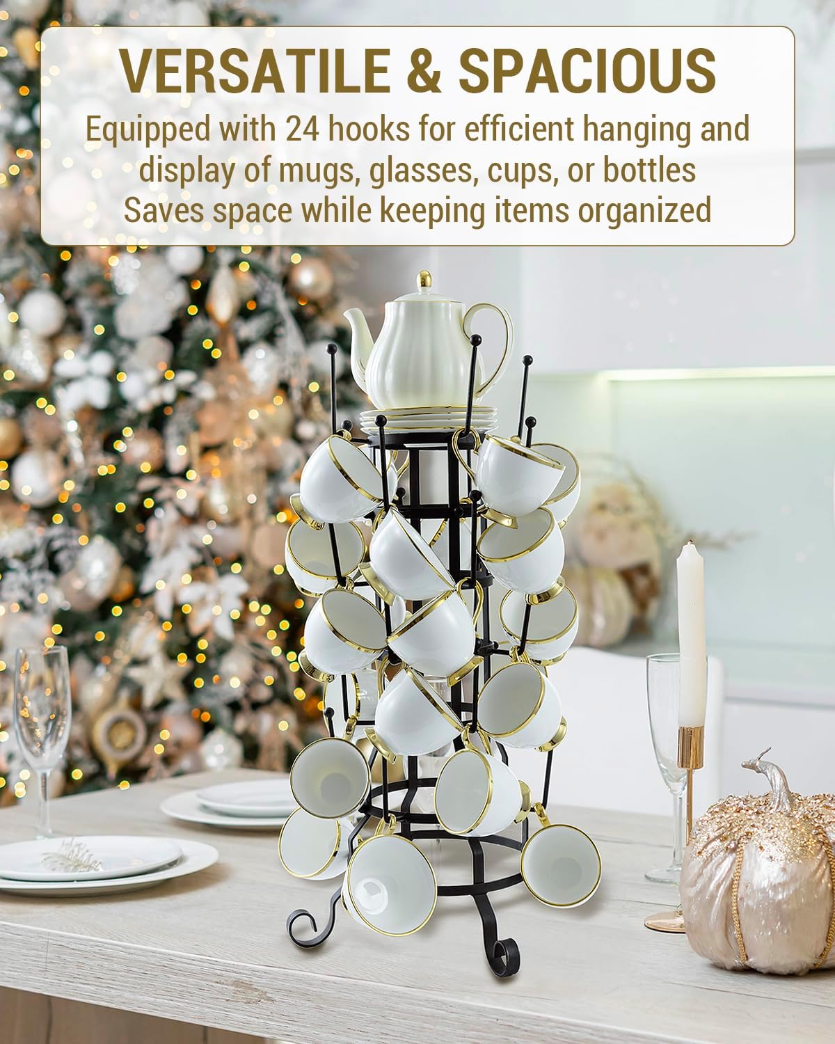MyGift 24 Hook Rustic Mug Tree Holder for Coffee Cups & Glasses Rack | 24-hook black iron mug holder displays coffee