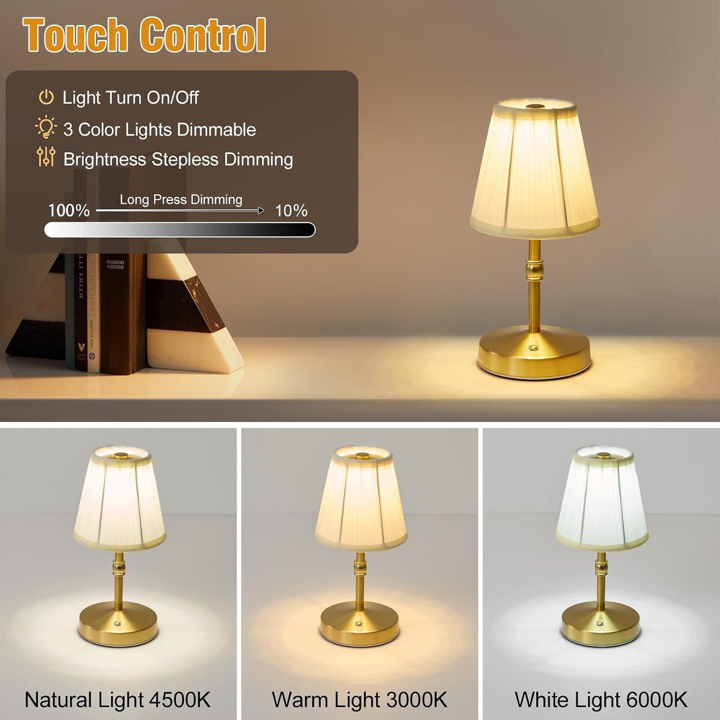 5w Led Cordless Mini Lamps,3000 mah Battery Operated Lamp,3 Color Temperature Dimmable Table Lamp,Gold Rechargeable