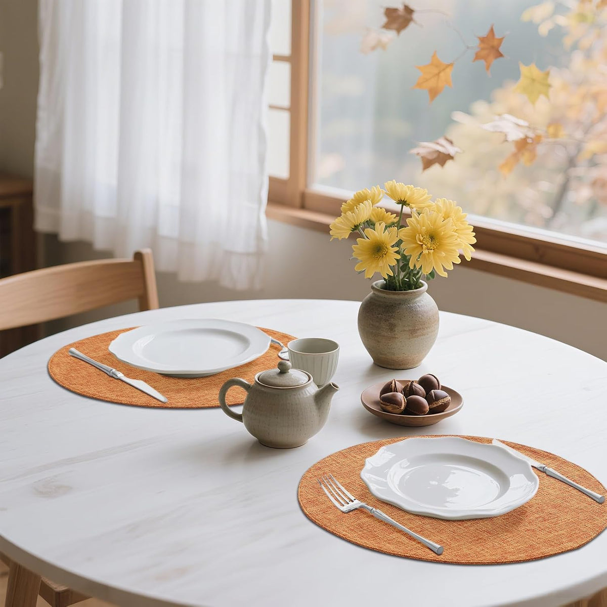 Cotton Linen 15 Inch Round Cloth Place mats, Set of 6, Orange | Washable Table Mats, Heat Resistant, Reversible