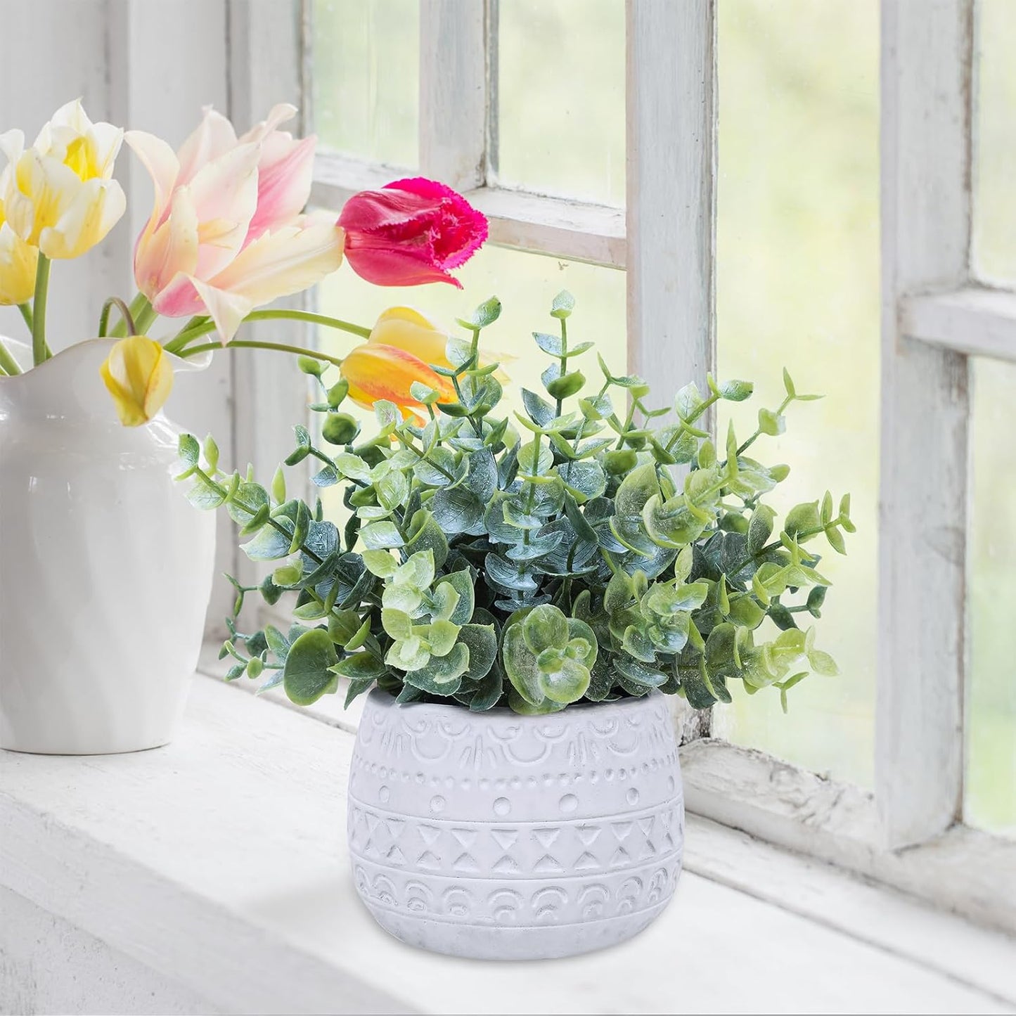 Small Artificial Potted Plants Faux Eucalyptus Plant in White Geometric / White Pot / Set of 2