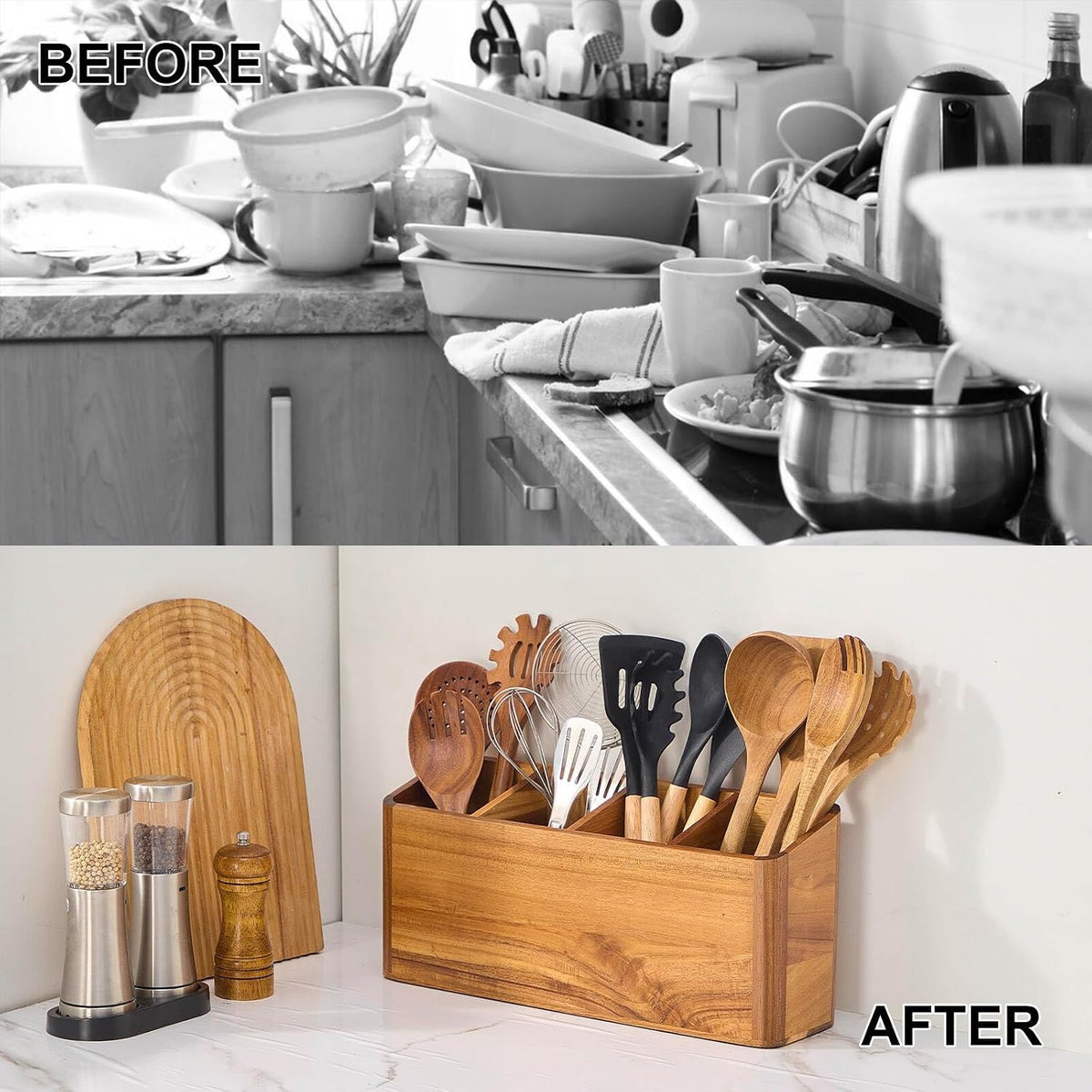 Wooden Utensil Holder for Kitchen Counter, Acacia Wood Kitchen Utensil Holder for Countertop with 4 Compartment