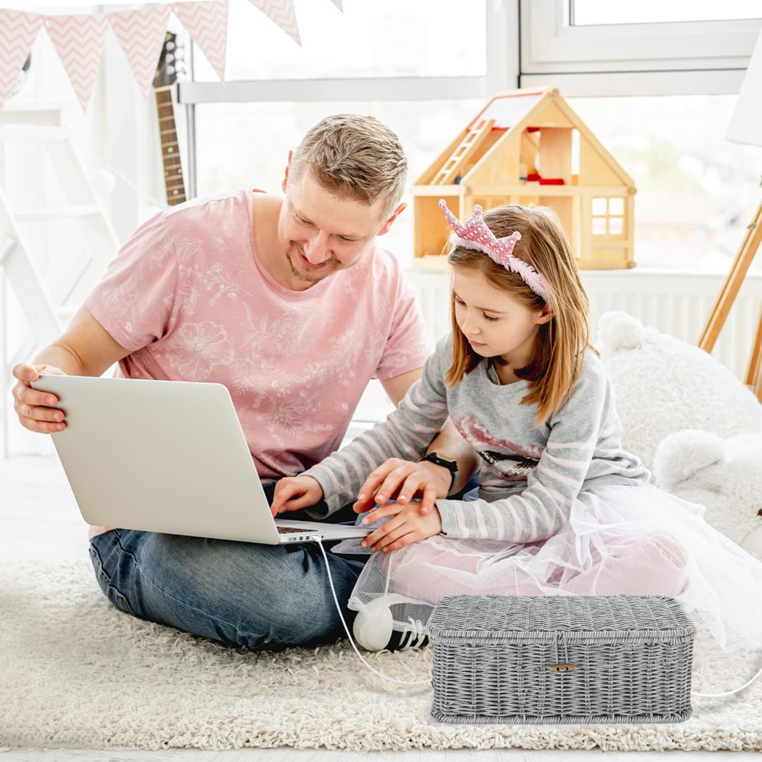 Desk Handwoven Rattan Cord Hider Cable Organizer Box / Grey
