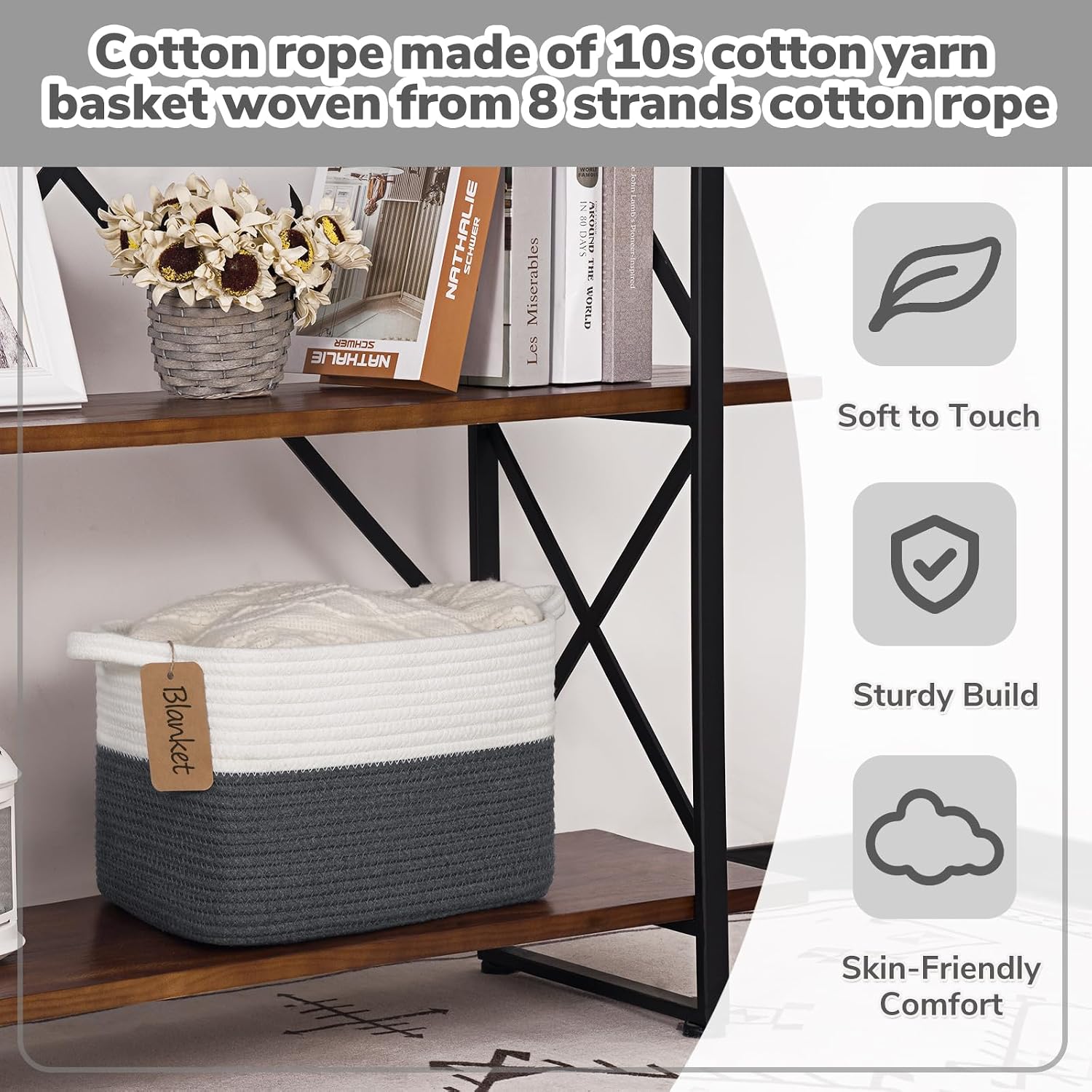 Woven Storage Basket / Dark Gray / 13"L x 10"W x 9"H