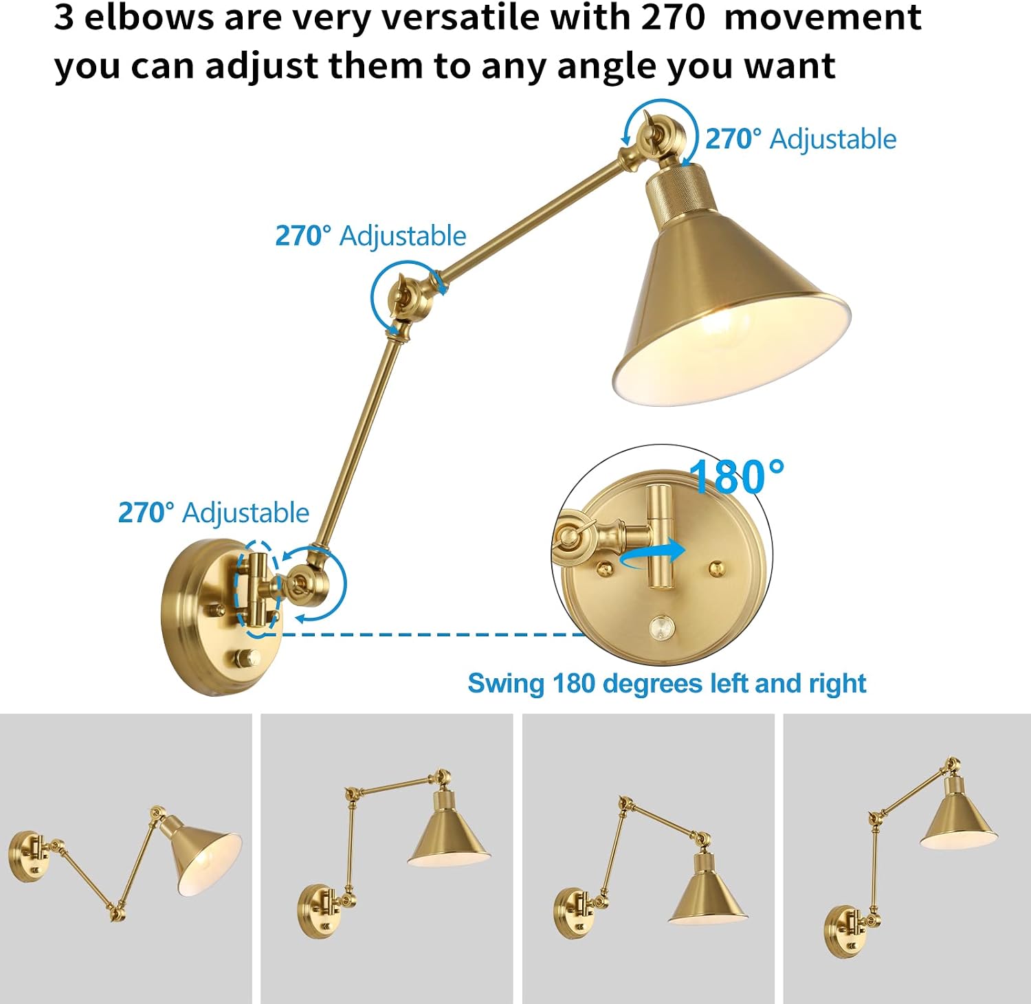 TRLIFE Wall Sconce Plug in, Brushed Brass Dimmable Wall Sconce Swing Arm Wall Lights Plug in Wall Mounted Light with