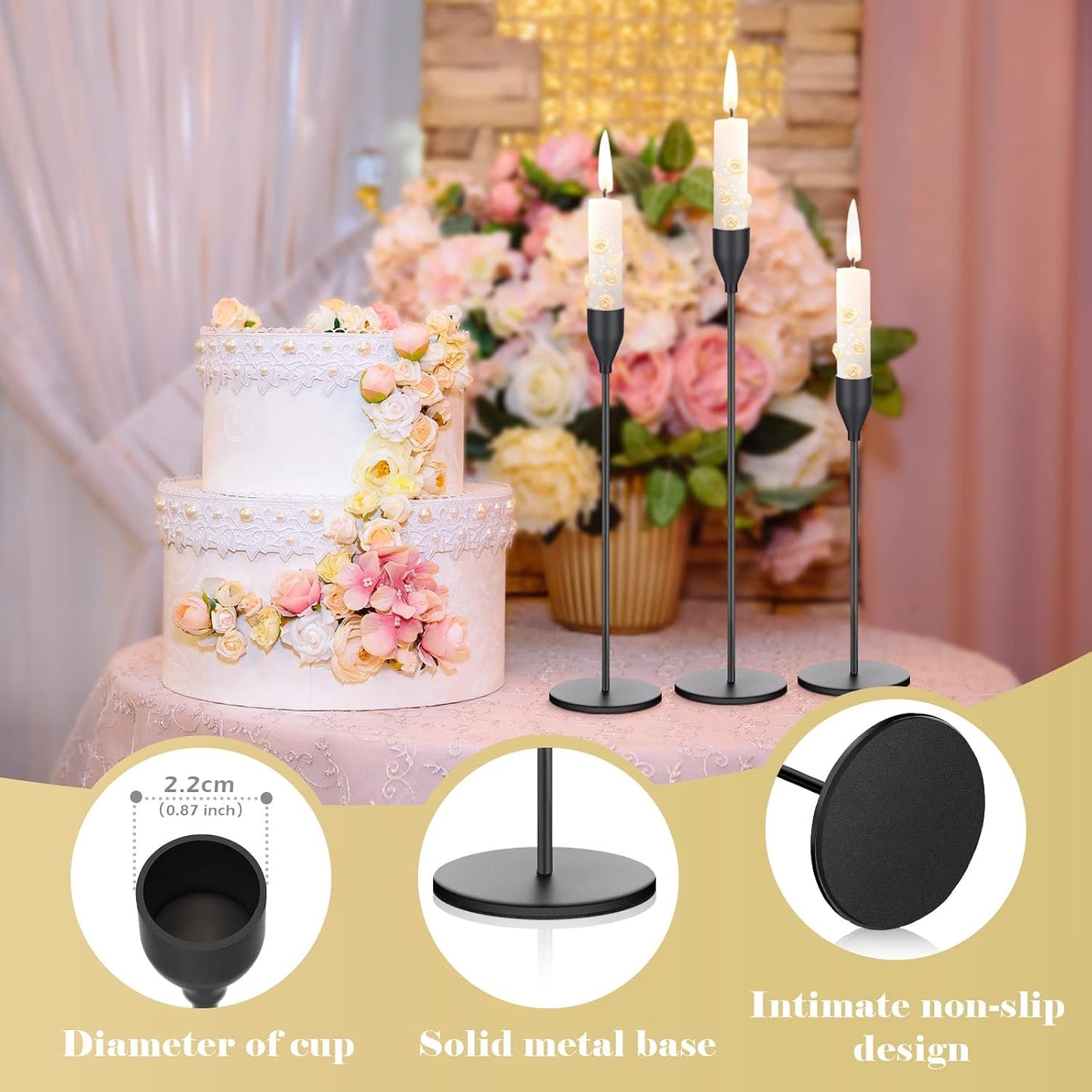 27 Pack Candles Holders, 9 Sets Metal Taper Candlestick Holders,Black | Fit 0.75 Inch Thick Pillar Candles, Modern