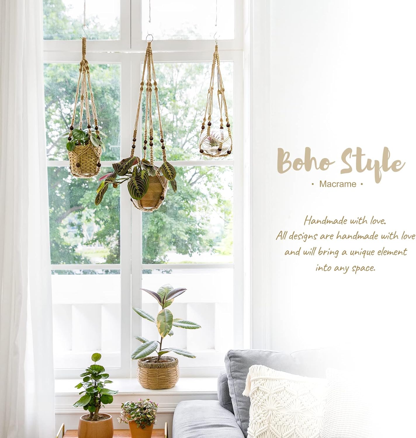 Macrame Plant Hangers Indoor Different Size Hanging Planter Basket / Medium / Brown / Set of 3