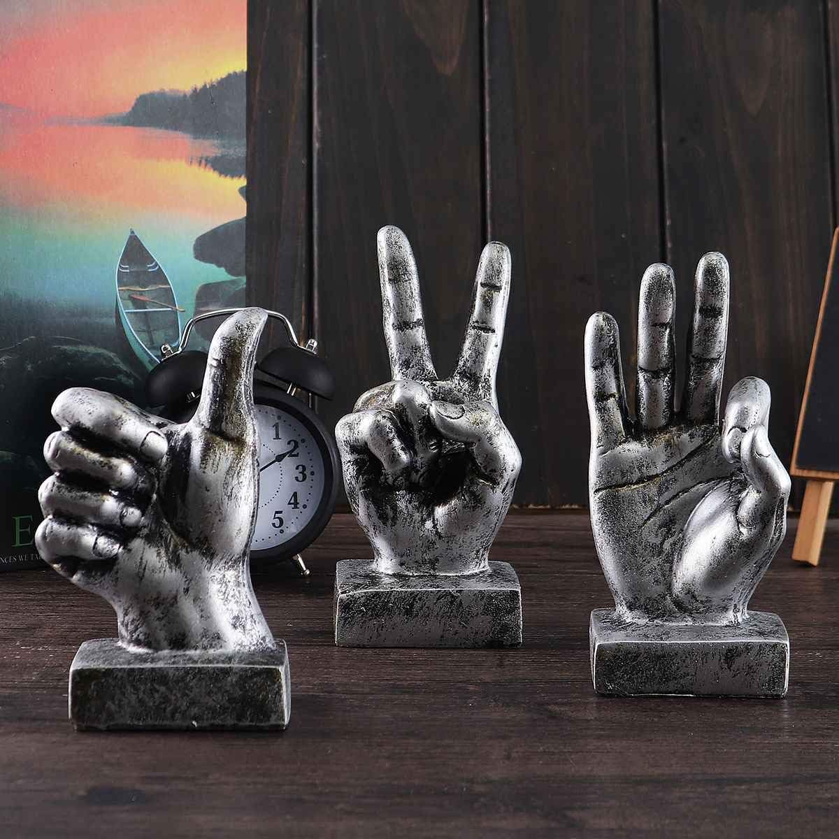 Hand Finger Gesture Desk Statues Fingers Sculpture Creative Home Living / Victory Gesture In Silver