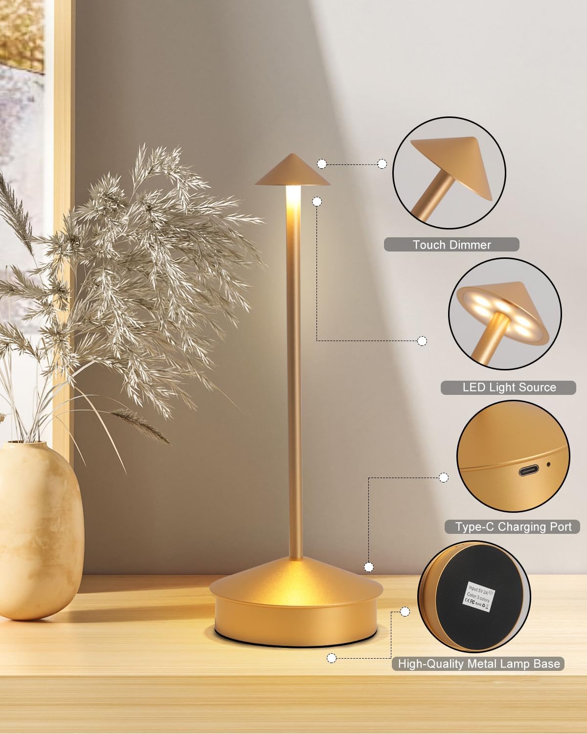 2 Pack Aluminum Cordless Table Lamp, 6000mAh Rechargeable Table Lamps, Portable Touch LED Lamp, Outdoor Waterproof