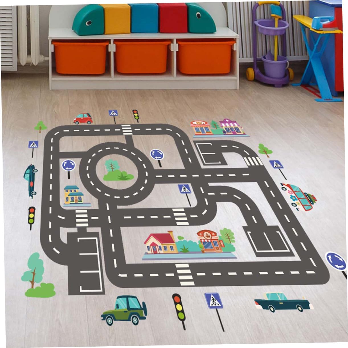 Kids Room Wall Stickers Traffic Light and Car Track Decals Peel and Stick Vinyl Wall Decor