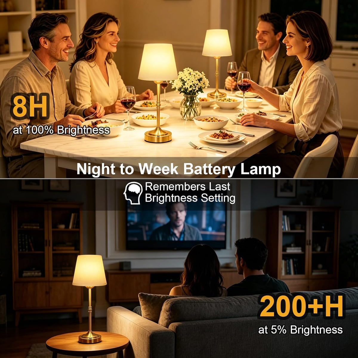 FLY2SKY Rechargeable Gold Cordless Table Lamp,3 Color Dimmable Bedside Lamp | 8H High Runtime,200H+ Low Runtime,LED