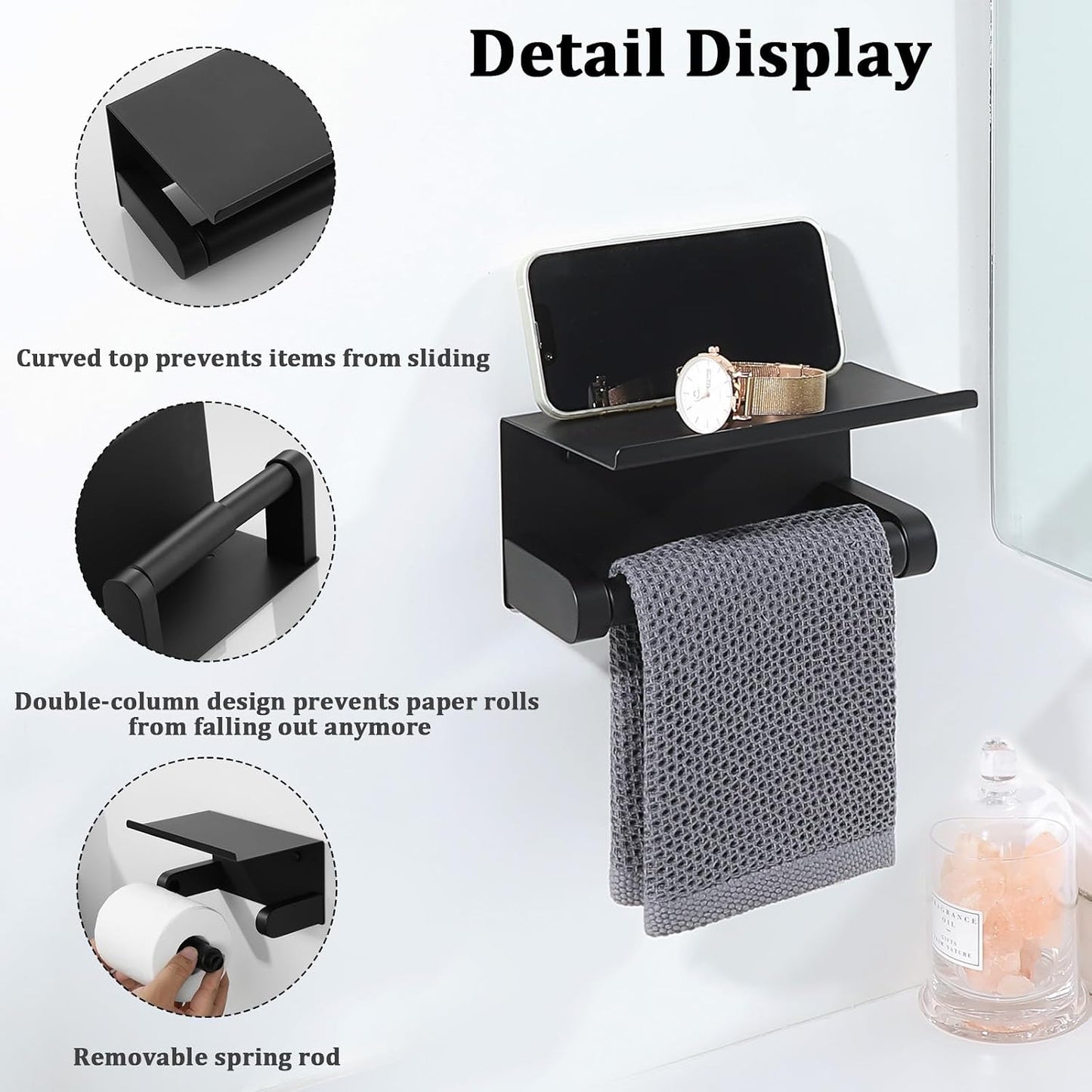 Alise Black Toilet Paper Holder with Shelf Wall Mount Adhesive or Drilling | SUS304 Stainless Steel Toilet Paper Roll