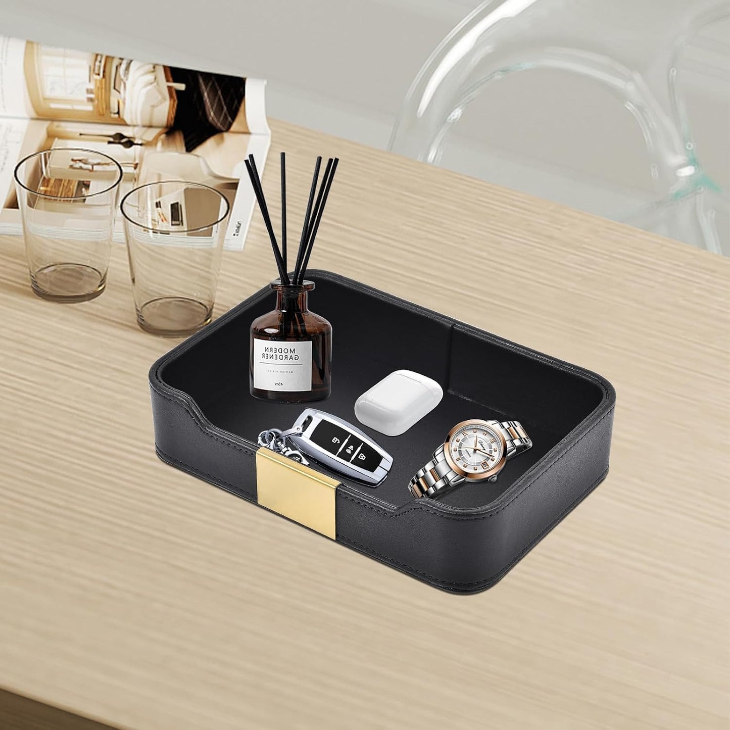 Leather Valet Tray Desktop Storage Organizer / 8.5 x 5.8 x 1.9 / Black
