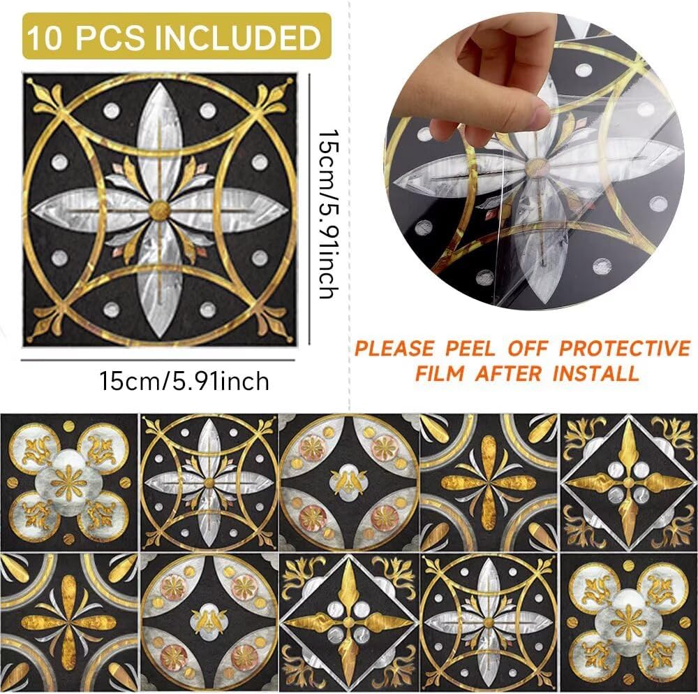 Self-Adhesive Vintage Moroccan Tile Decals Peel / 15cm * 15cm / Gold Black / 6 x 6 / Set of 10