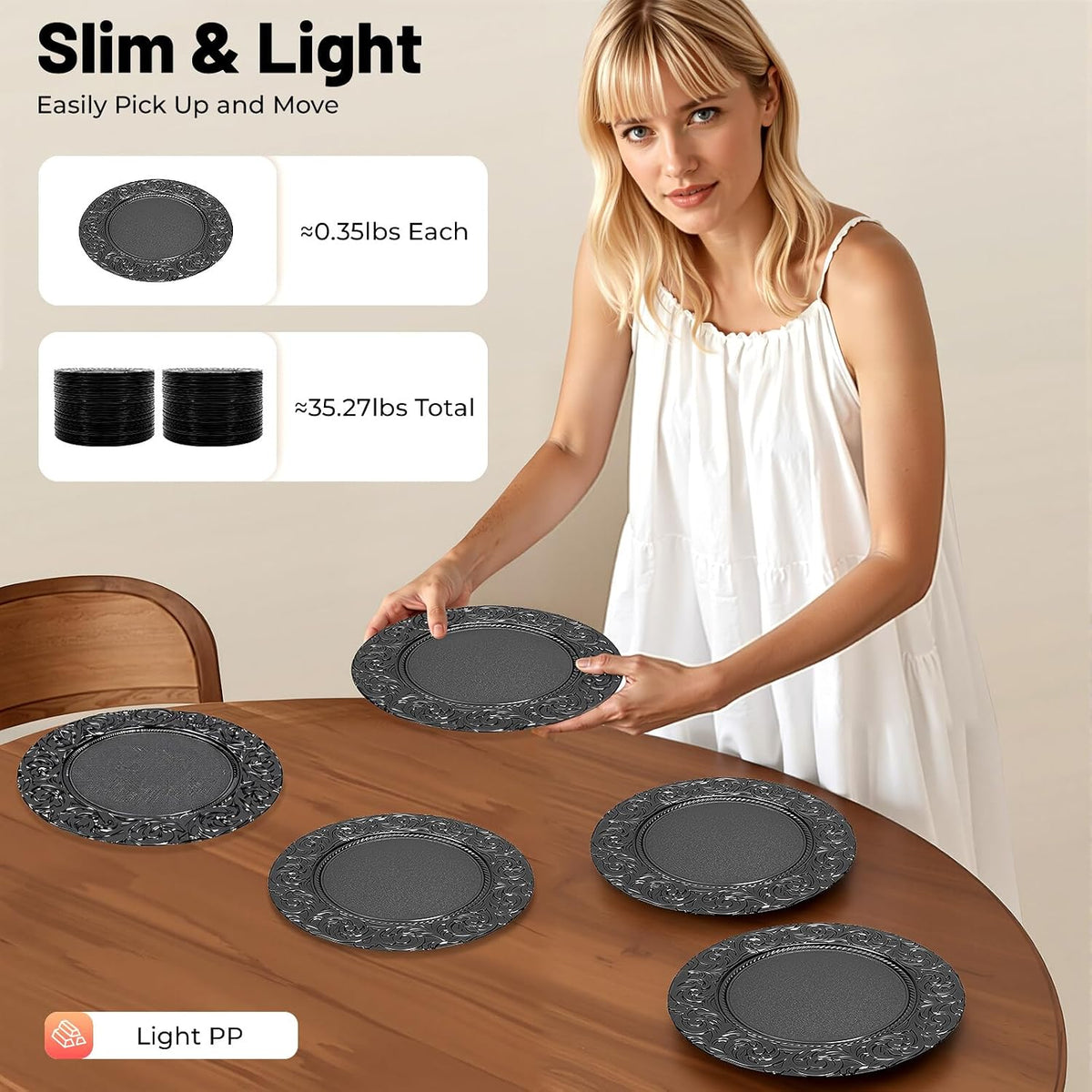 Black Charger Plates Bulk 100 Pack 13 Inch Charger Plates | Plastic Embossed Dinner Plates Reusable Round Plates for