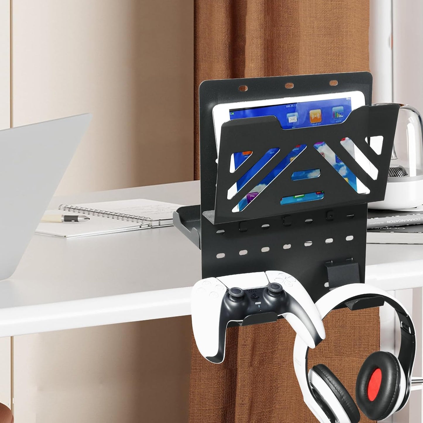 MAXECHO Desk Side Storage Holder, Metal Pegboard, Above or Under Desk Laptop Mount, Table Side Hanging File Organizer