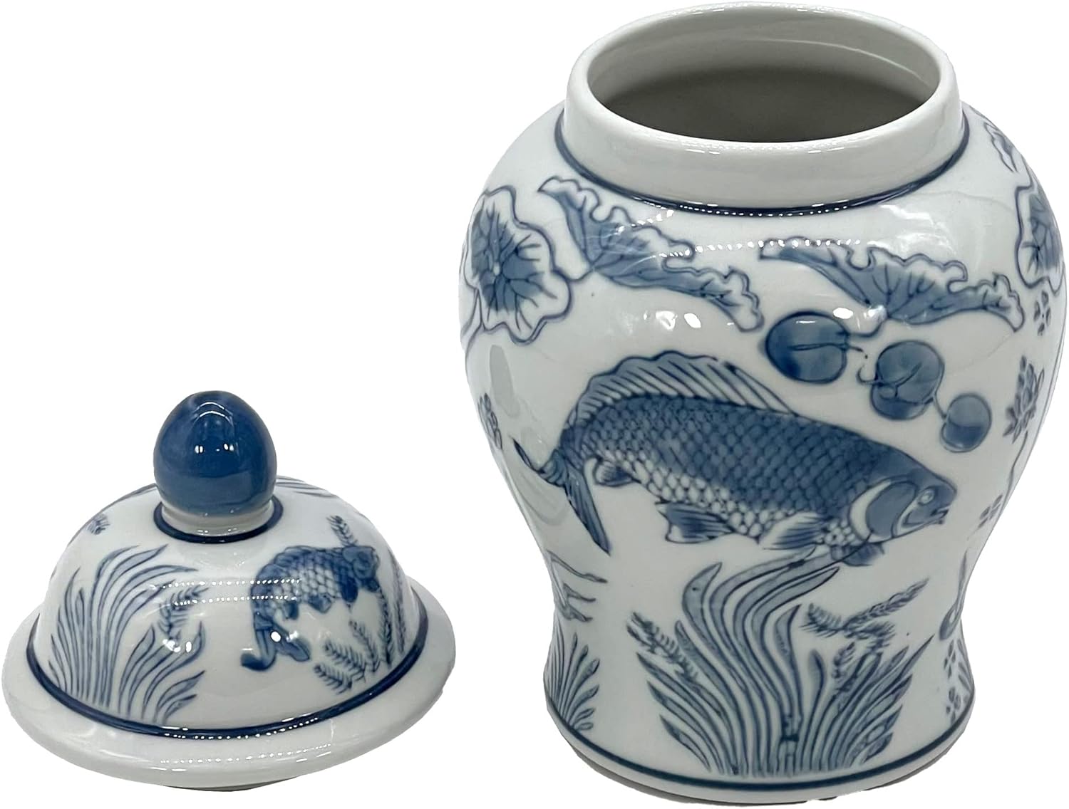 8" Ceramic Ginger Jar w/Lid / Slate Blue & White Koi
