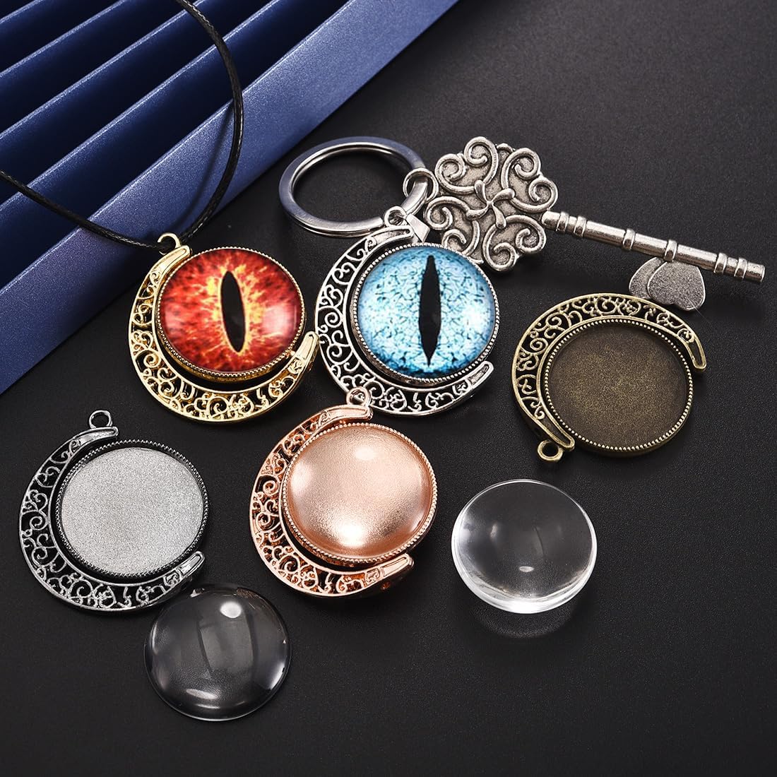 Moon Rotation Pendant Trays Kit- Double Side Cabochon Setting and Rond Glass / 25mm / Set of 60
