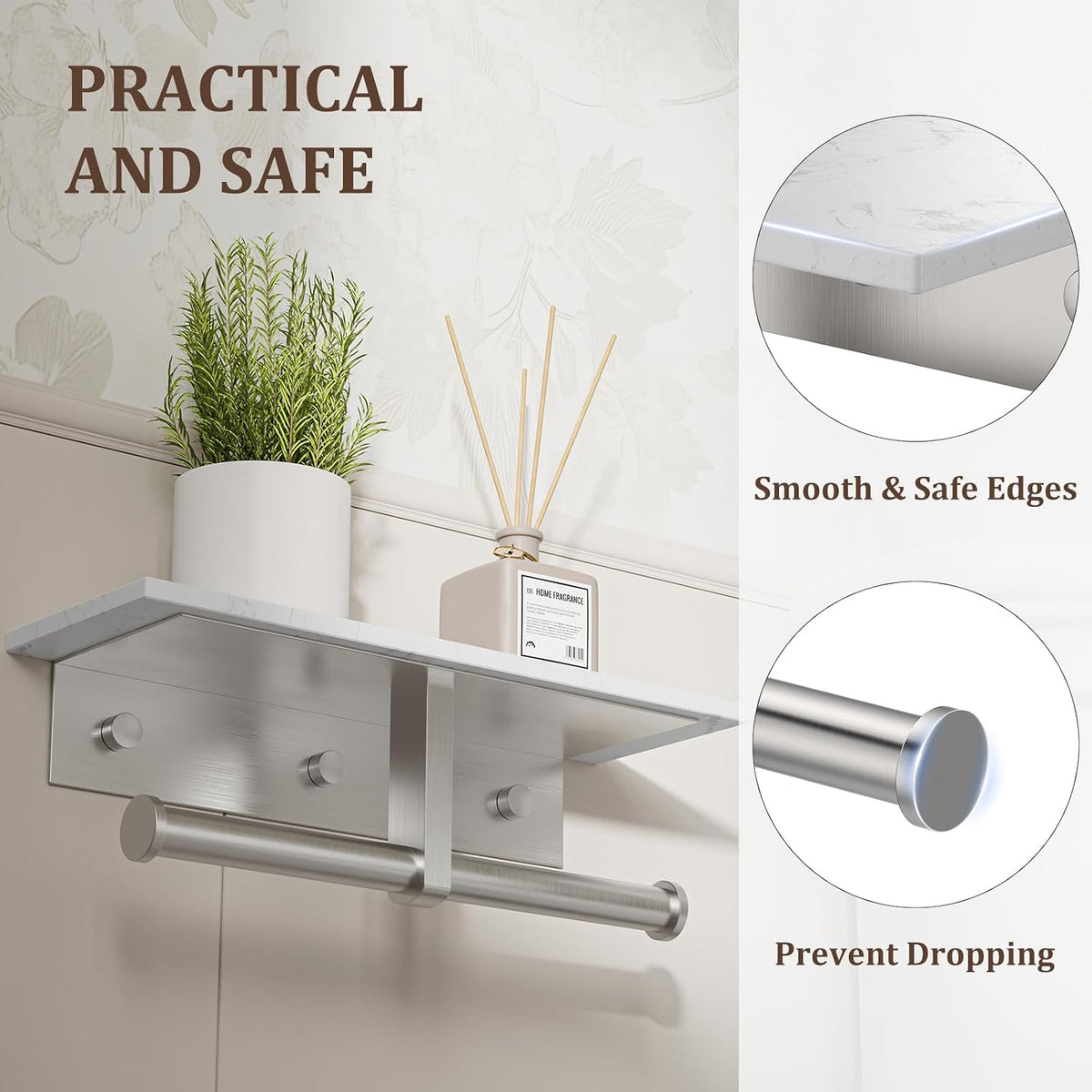BWE Double Toilet Paper Holder with Shelf Wall Mounted Tissue Roll Holder | Commercial Toilet Paper Dispenser for