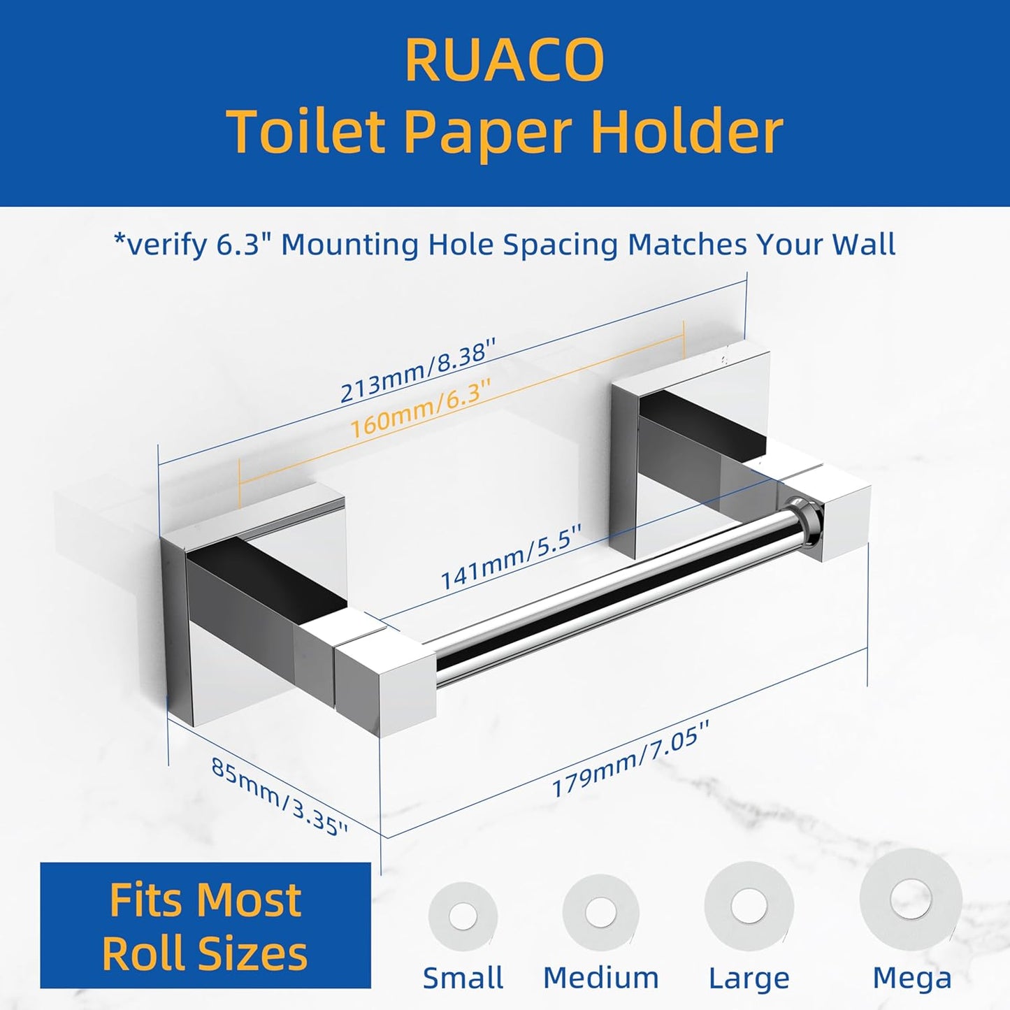 RUACQ Chrome Toilet Paper Holder Wall Mount for Bathroom | Dual-Post Pivoting Tissue Roll Holder with Square Base