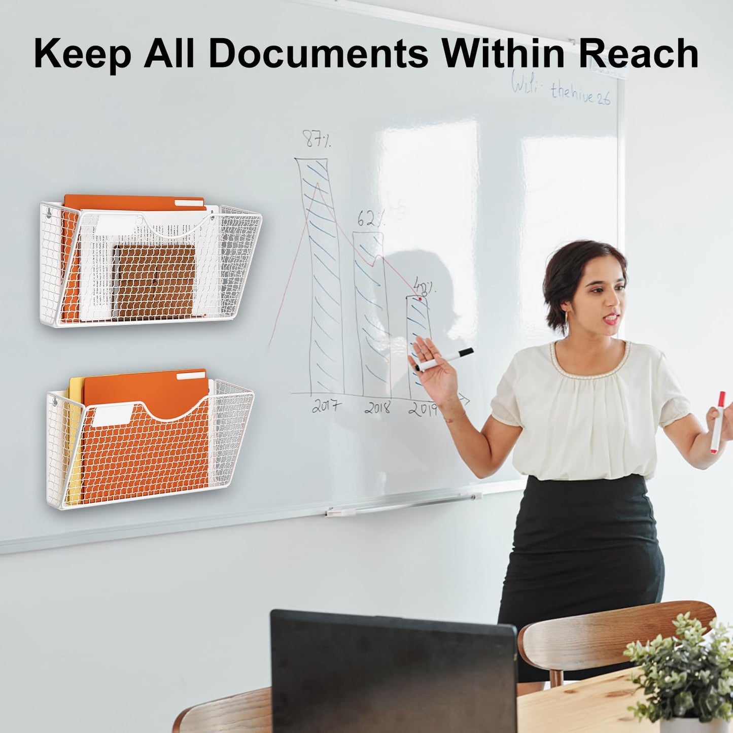 MFTEK Magnetic File Holder, 3 Pockets Wall File Folders Holder No Drilling Magnetic Paper Mail Organizer Magazine
