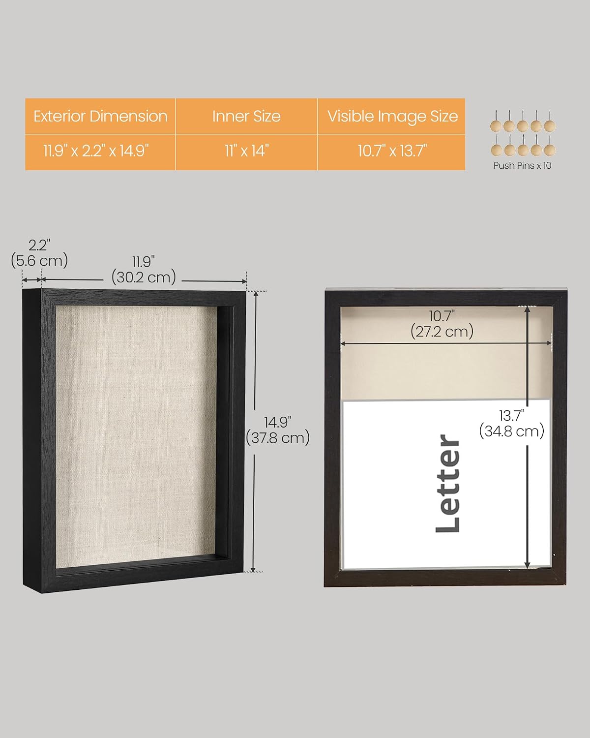 SONGMICS 11x14 Shadow Box Frame, with Top Slot and Glass Front | Picture Frame Display Case, Linen Fabric Backing, Push
