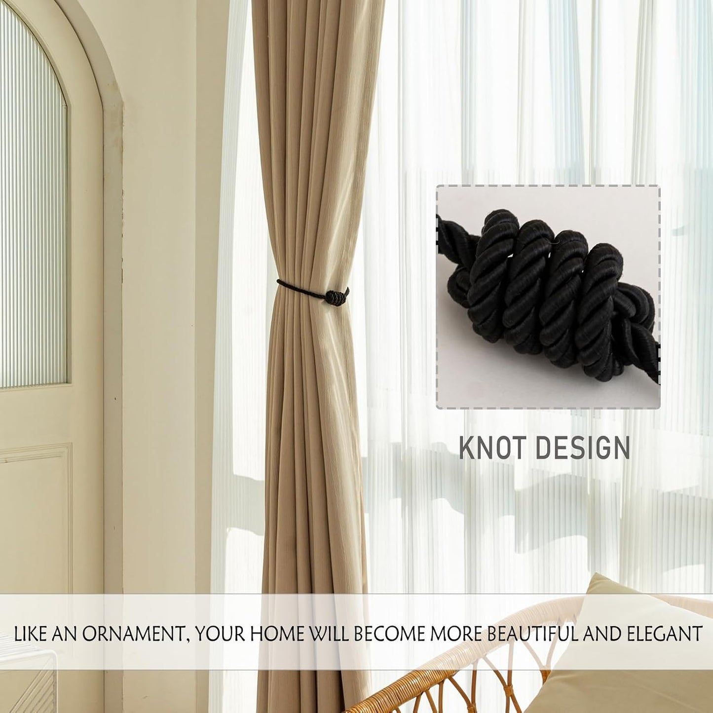 Curtain Tiebacks Magnetic Decorative Rope Tie Backs Holdbacks Contoeey | 8 Pack Black Modern Elegant Window Treatment
