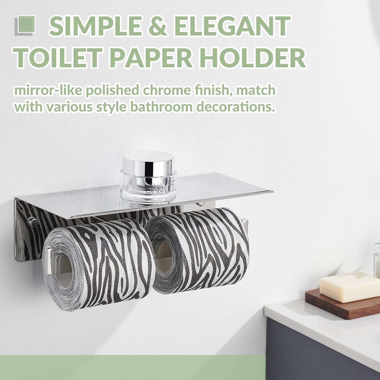APLusee Double Toilet Paper Holder with Storage Shelf, Polished Chrome | Rustproof 304 Stainless Steel for Bathroom