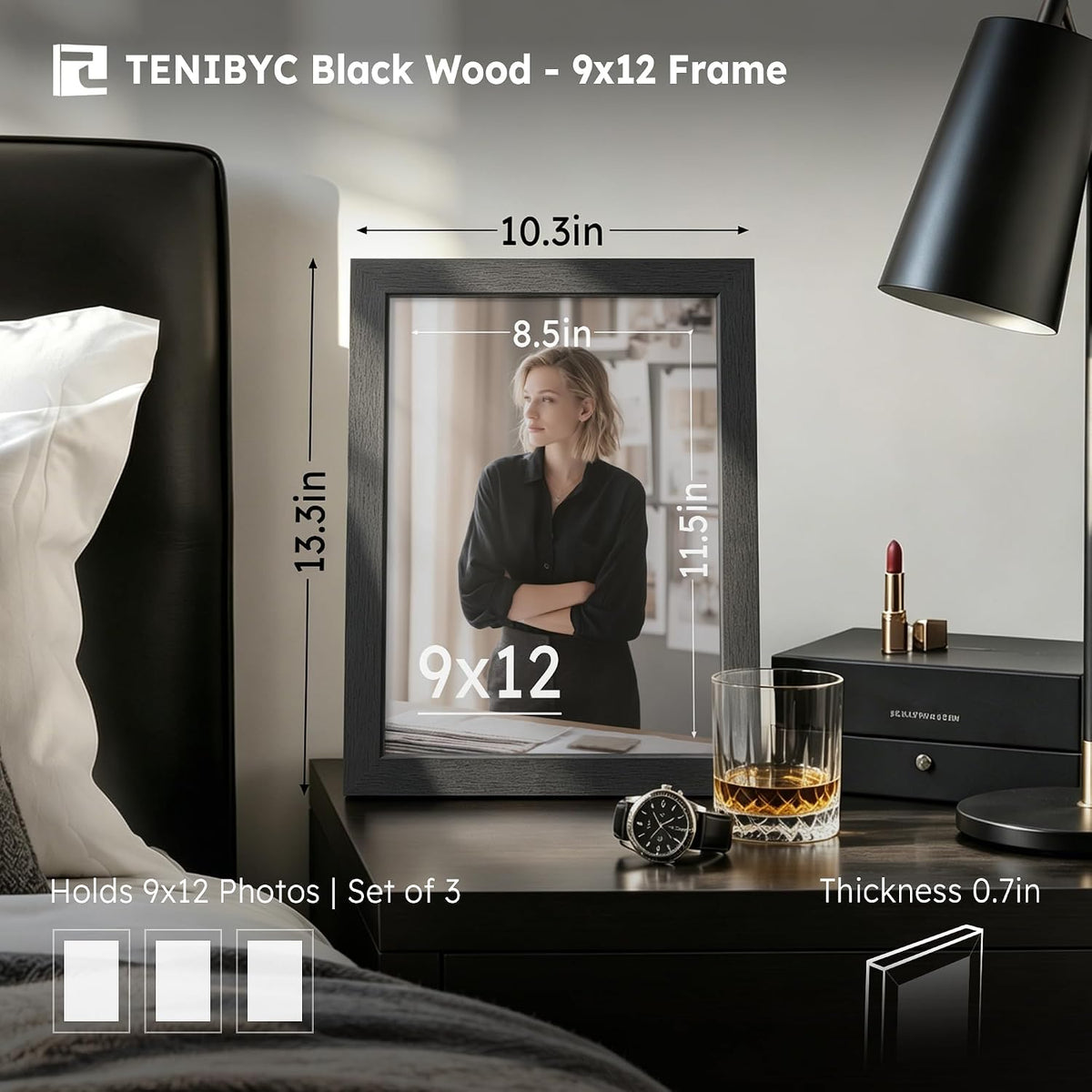 9x12 picture frame 3 Pack, Black Wood, Real Glass, for Photos | Thick HD Tempered Glass, Tabletop or Wall Hanging
