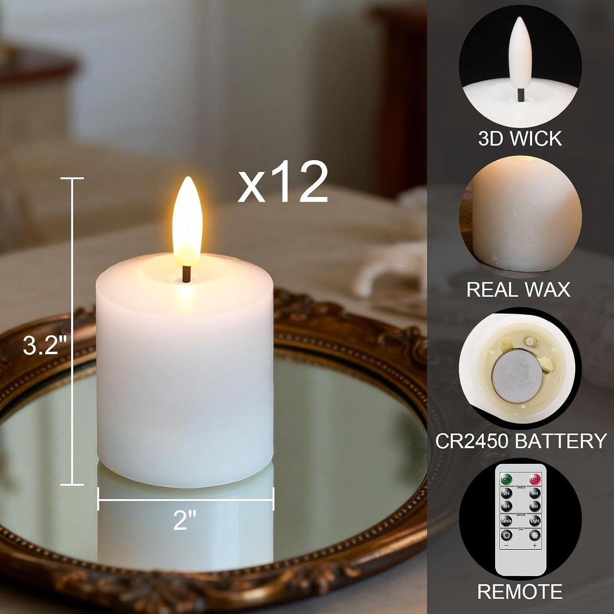 GenSwin Wax Votive Flameless Candles Battery Operated Remote Timer White | Battery Include, 2 x 3.2 In, 12 Pack, Pillar