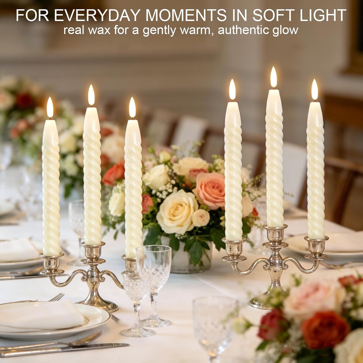Ivory Flameless Taper Candles Flickering with Remote Timer | LED Spiral Taper Candles, Flameless Candlesticks, Battery