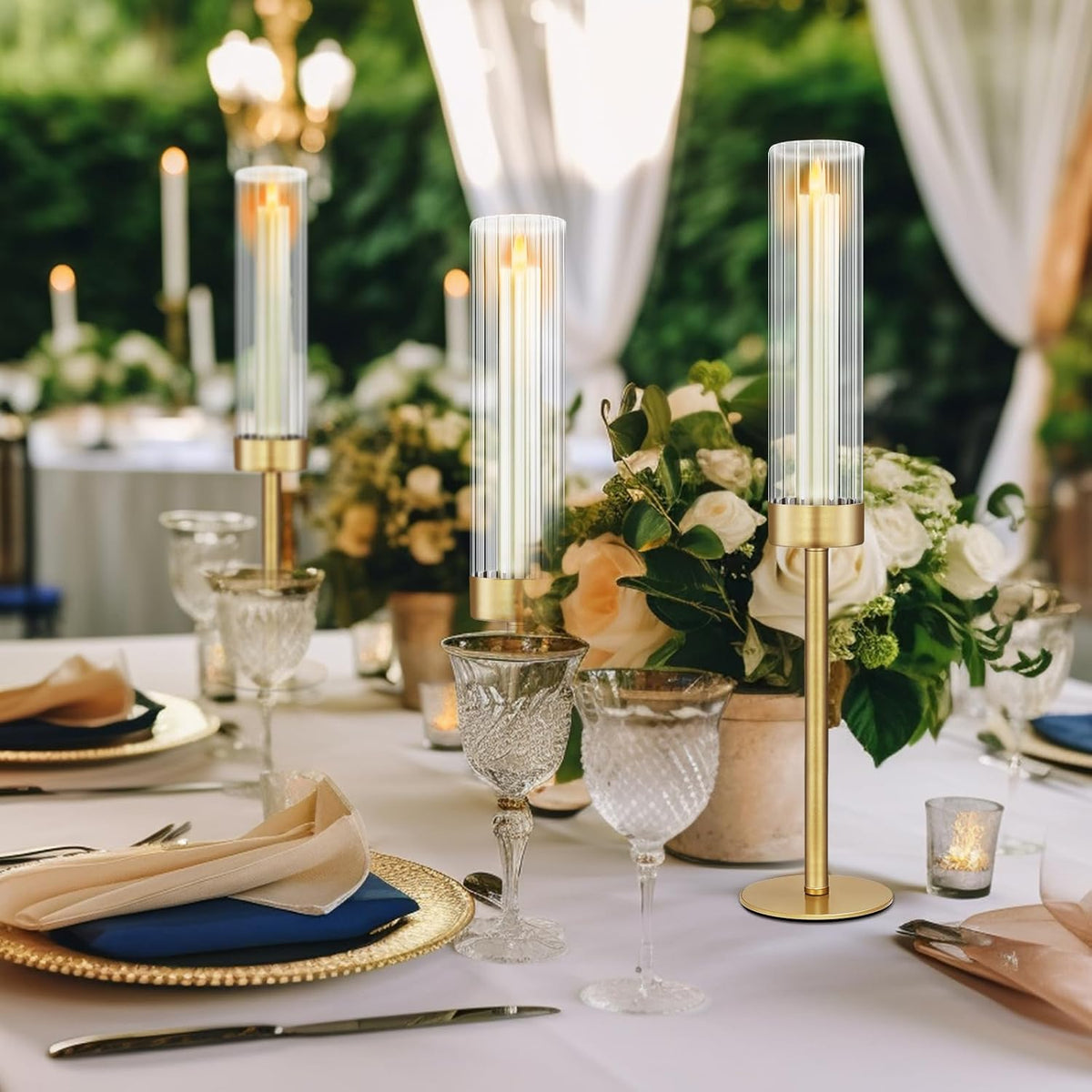Glass Hurricane Candlestick Holders Gold, KSWING Set of 3 Taper Candle Holders Brass Tall Clear Candle Stand Holders
