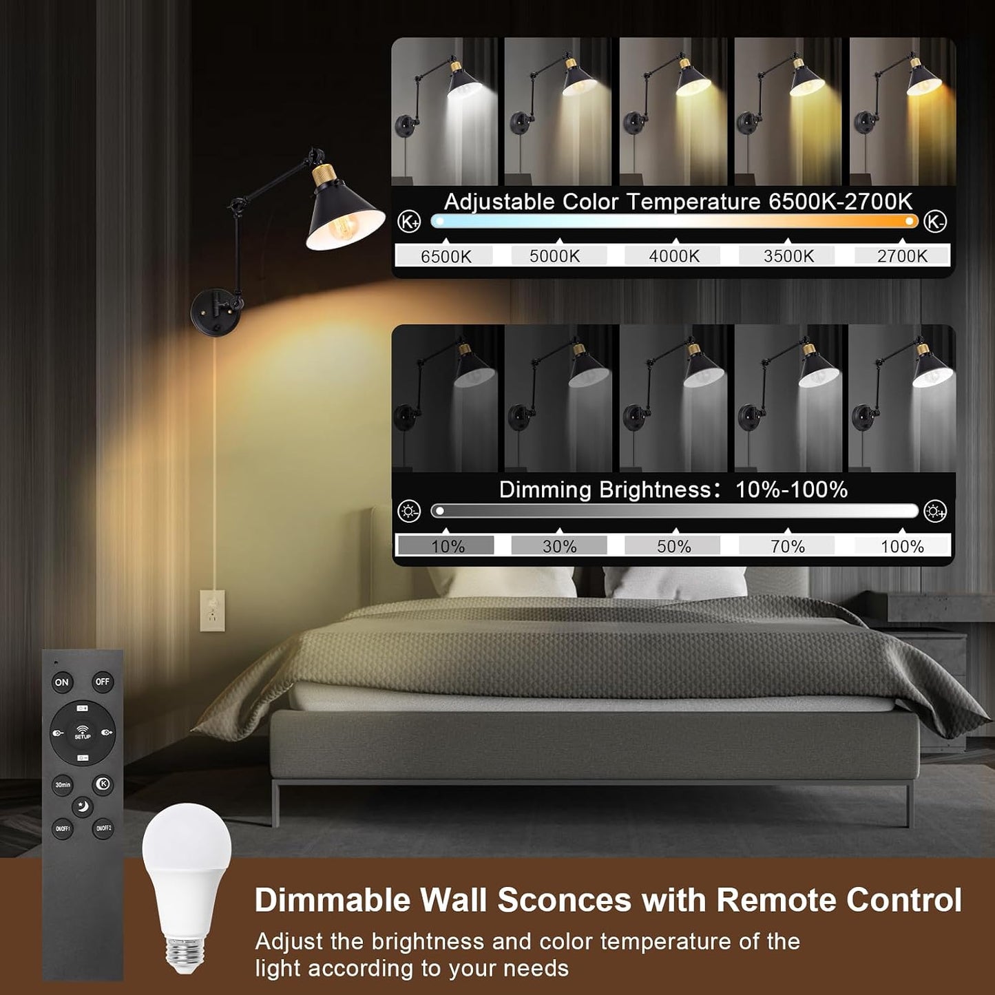 TRLIFE Dimmable Wall Sconce, Remote Control Plug in Wall Sconces Dimming 10%-100% and Adjustable Color Temperature