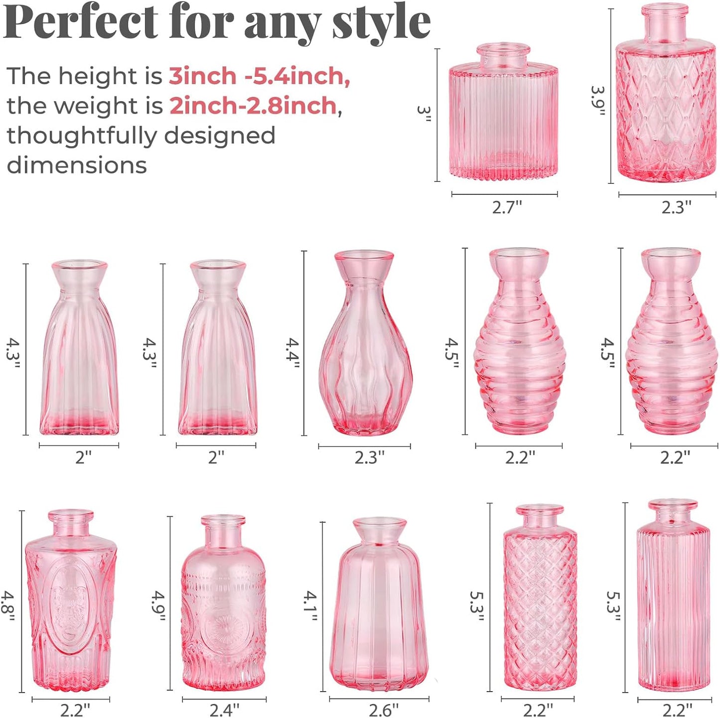 Glass Vase / Flower Vases / Pink / Set of 12