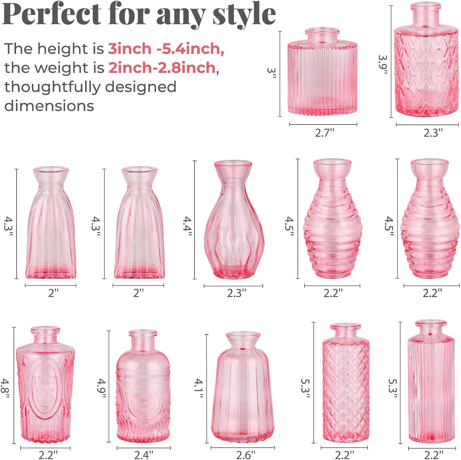 Glass Vase / Flower Vases / Pink / Set of 12