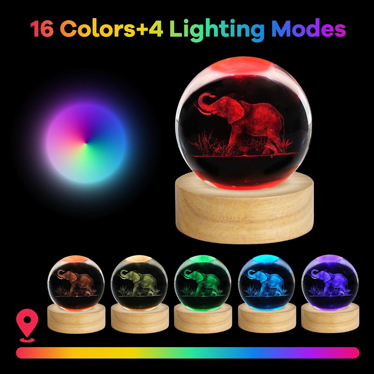 3D Engraved Crystal Ball Night Light Figurines Decor Table Lamp / Elephant / 2.4 Inch