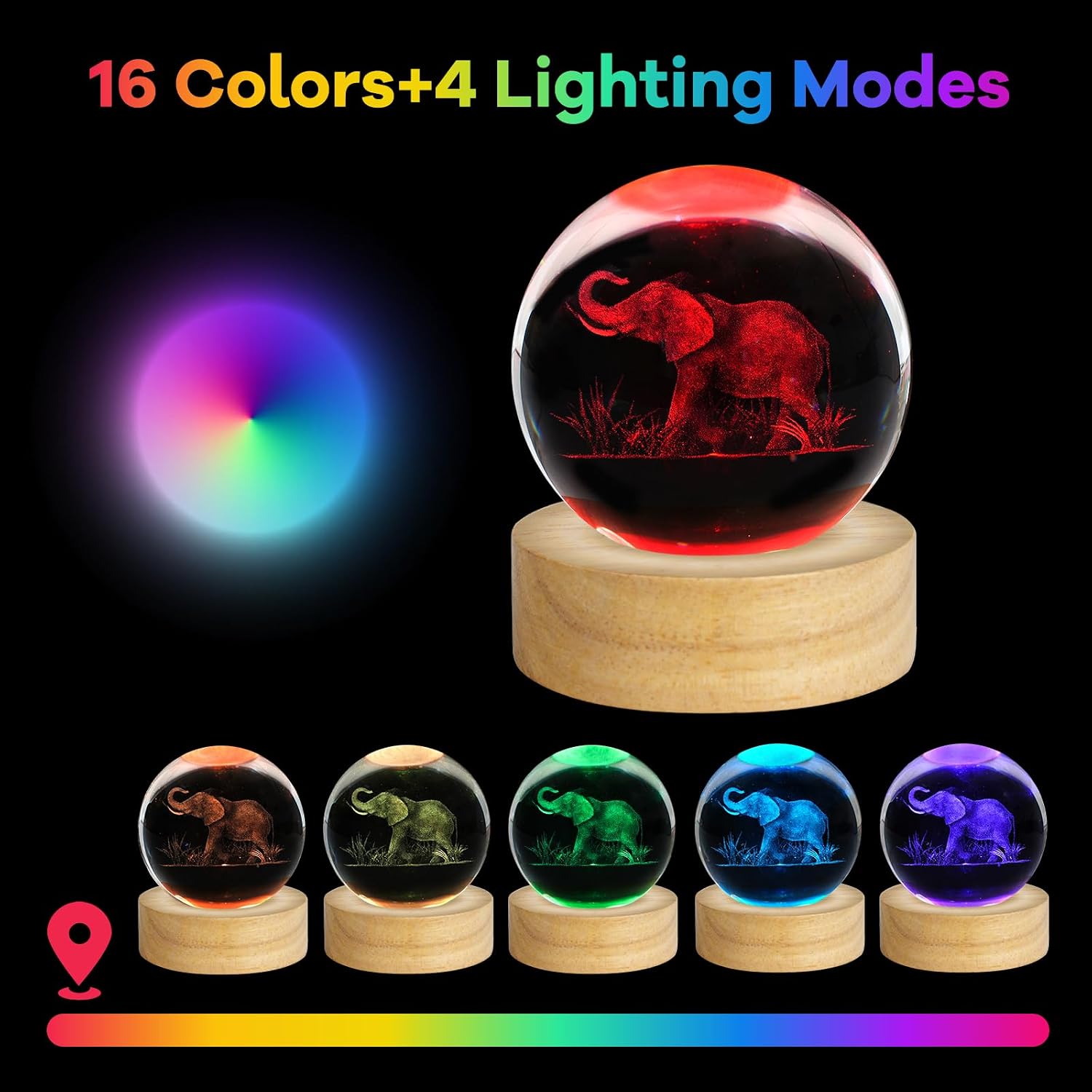 3D Engraved Crystal Ball Night Light Figurines Decor Table Lamp / Elephant / 2.4 Inch
