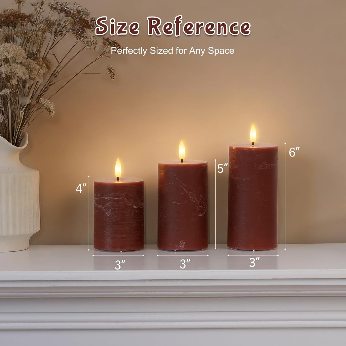 Brown Flameless Pillar Candles with Remote, Battery Operated Candle | Real Wax Flickering LED Decorative Candles, Warm
