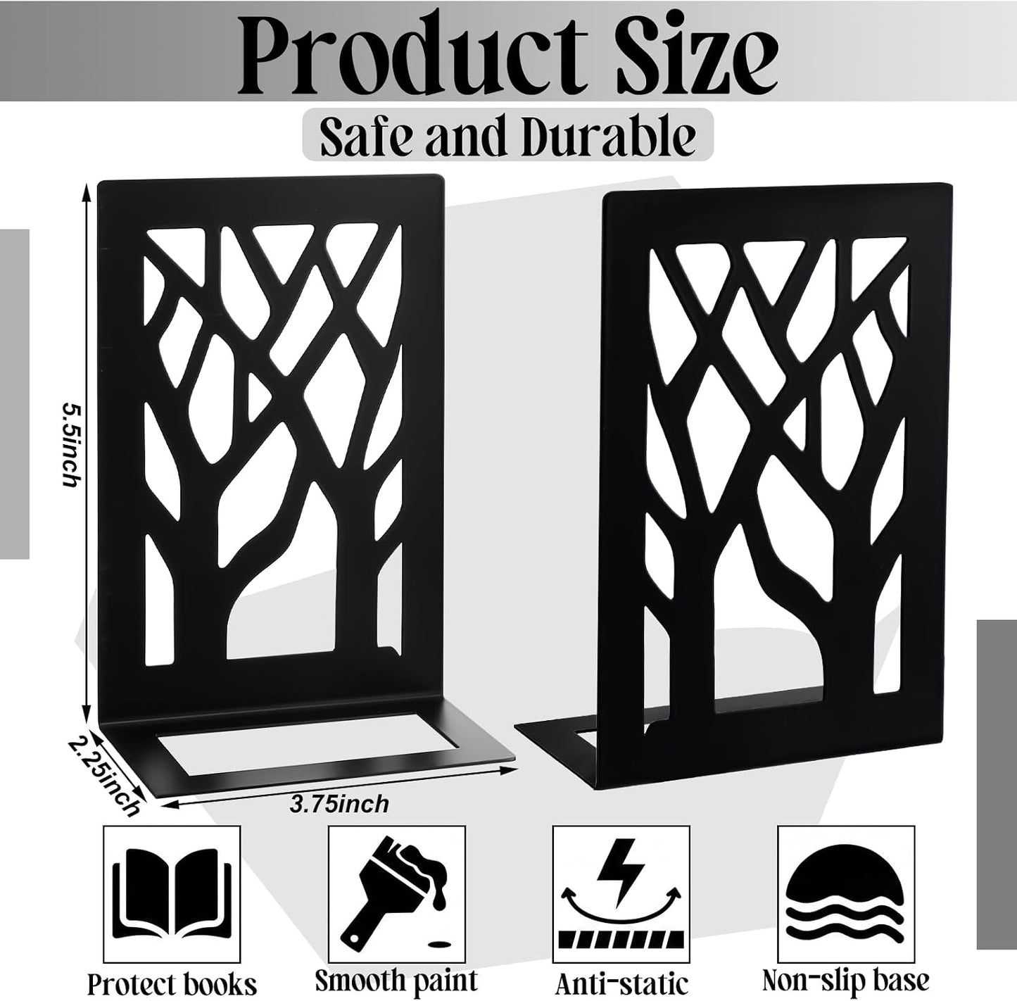 Metal Bookends / Black Trees / Set of 6