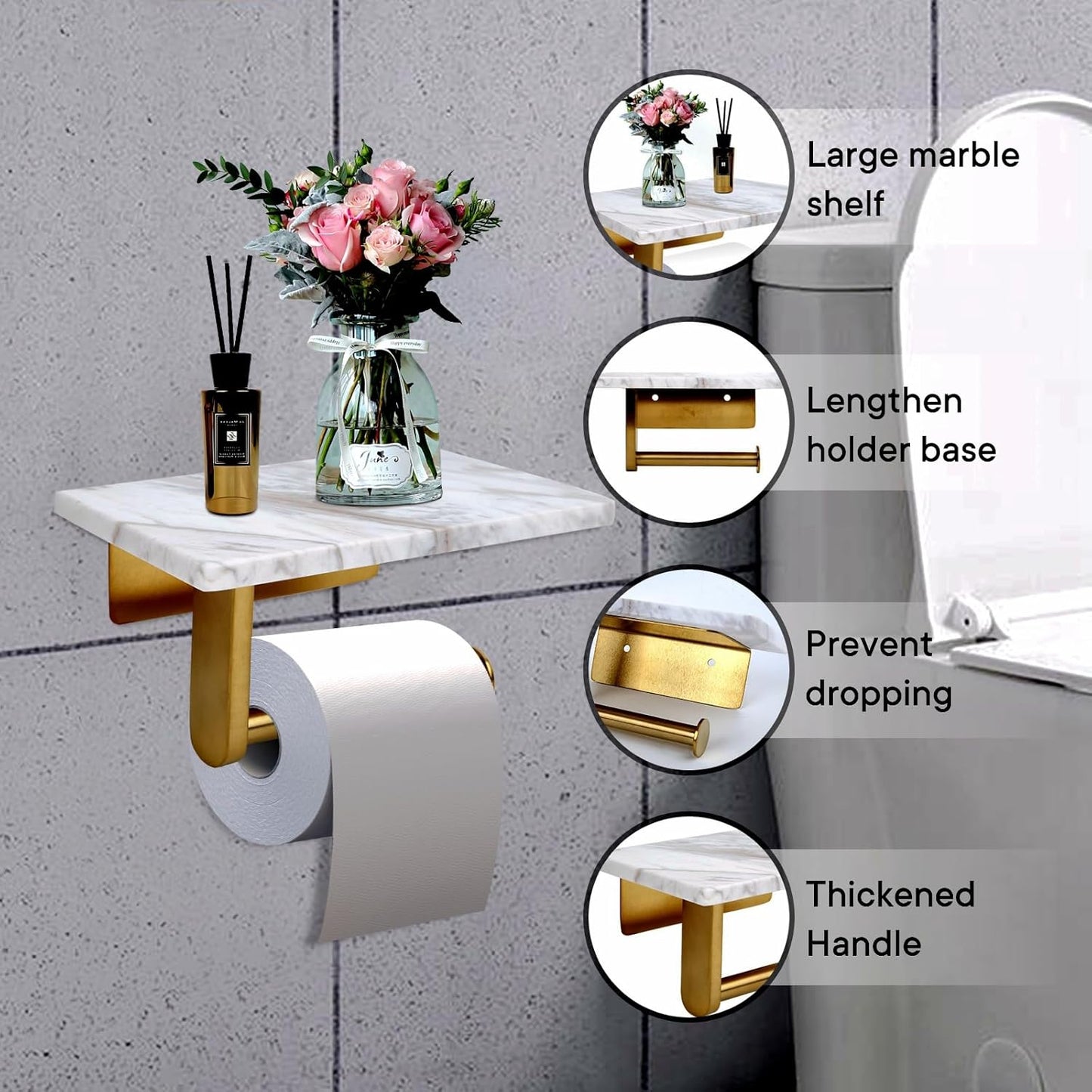 Toilet Paper Holder with Natural Marble Shelf for Bathroom Washroom,Wall Mounted Tissue Holder Suitable for Mega Roll