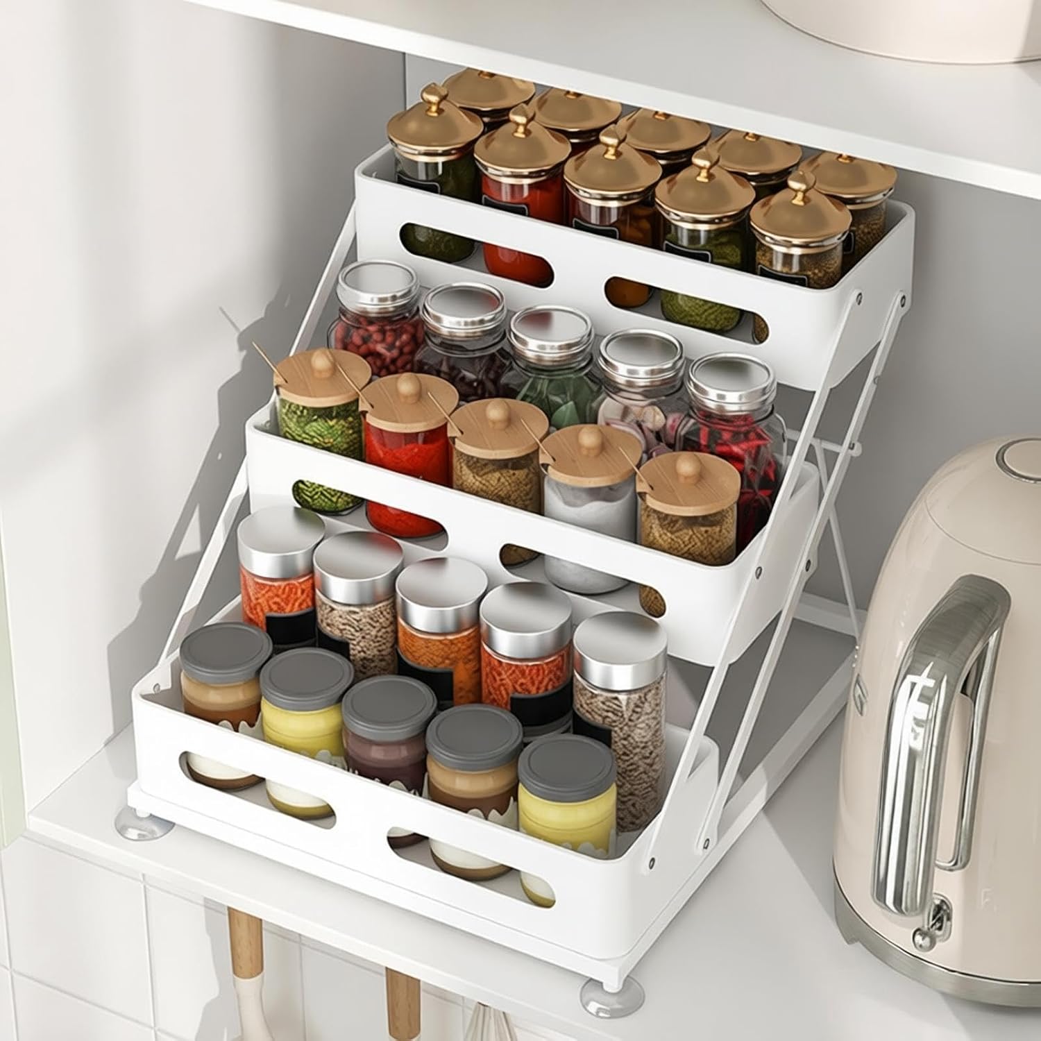 Ceetug 3 Tier Foldable Spice Rack, White | Iron, For Countertop, Kitchen Seasoning Organizer, For Cabinet