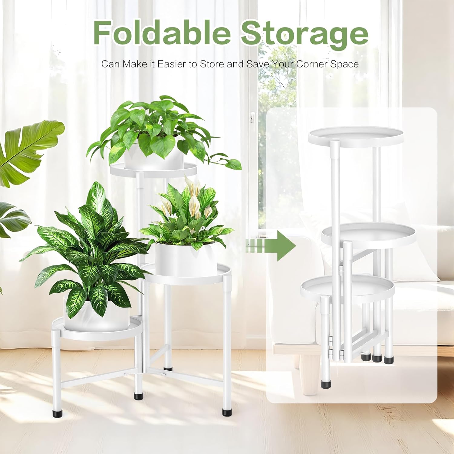 3 Tier Metal Corner Plant Stand Indoor Outdoor, 10 Inch Wide Tray, White | 30 In Tall Foldable Iron Flower Pot Holder