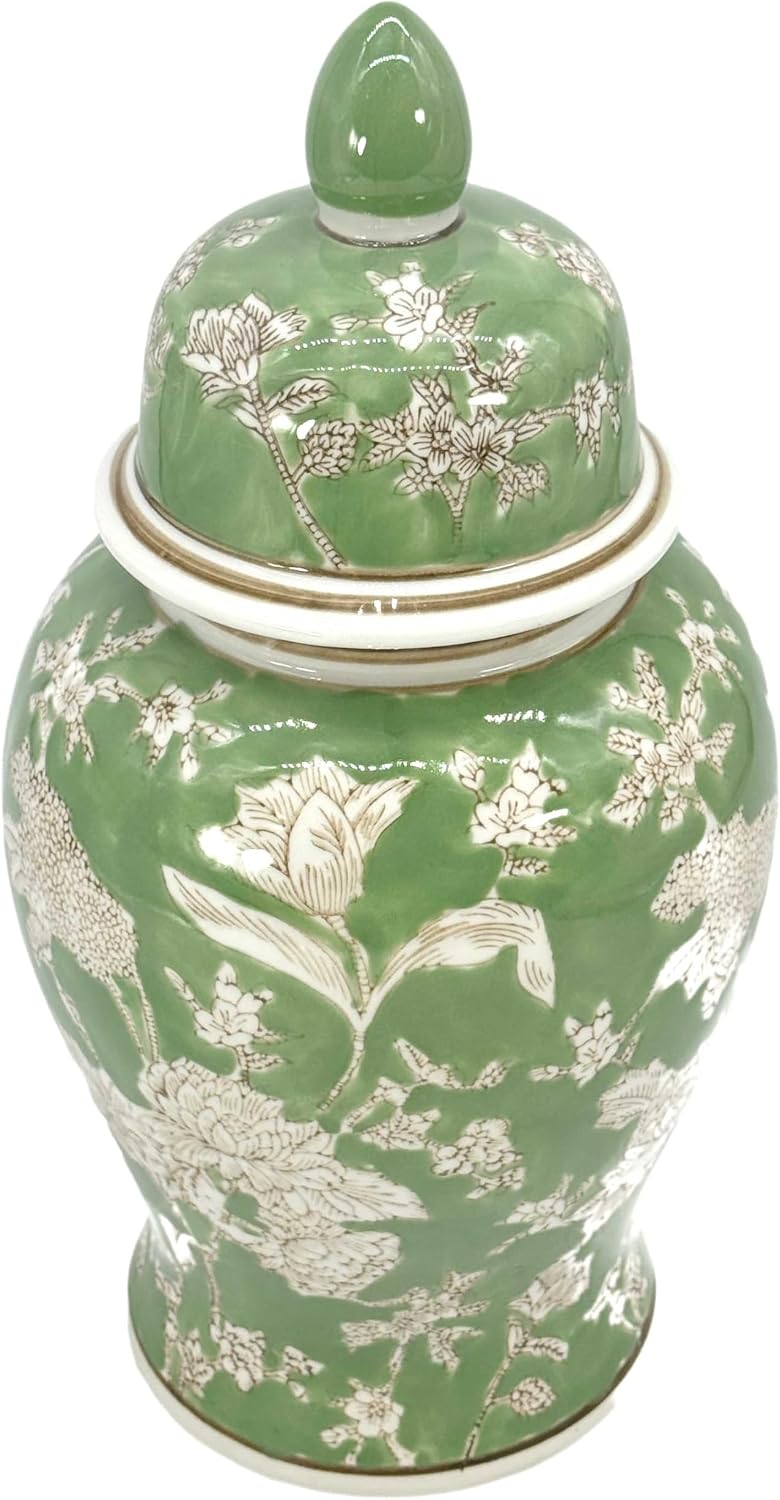 14" Green & White Floral Ceramic Porcelain Ginger Jar Floral Home / 14" Green & White Ginger Jar