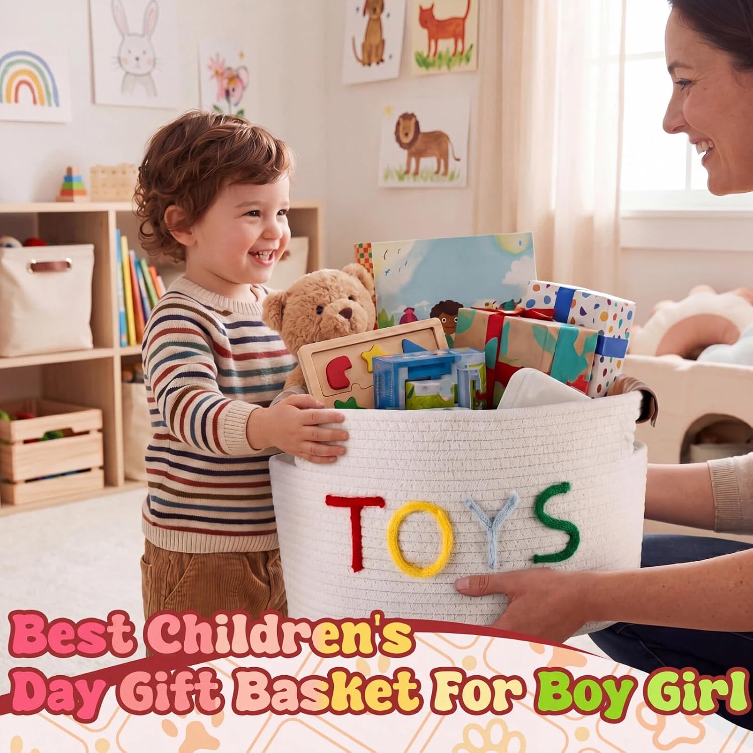 Handles Woven Basket for Stuffers Cotton Rope Storage / Colorful / Toy