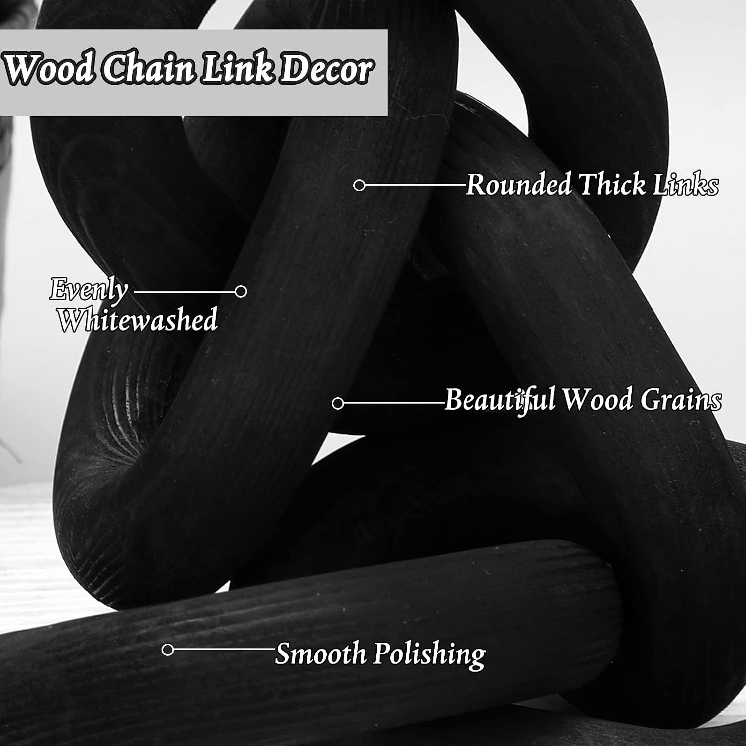 Decorative Wood Chain Link Decor Rustic 5 Link Wooden Chain Ornament Farmhouse / Black / 13.78 Inch