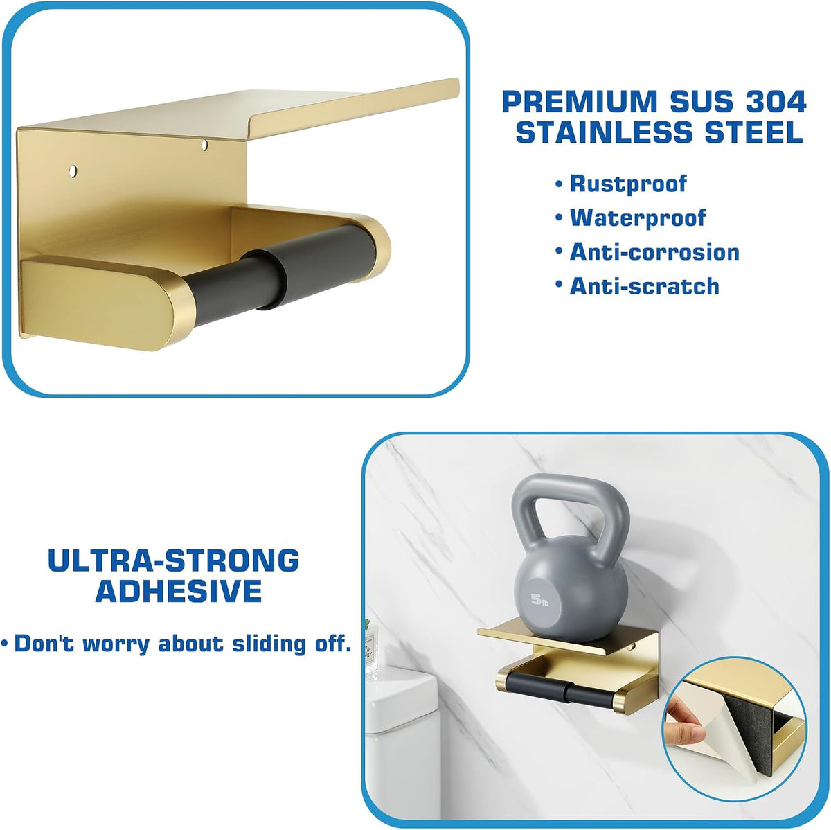 Alise Toilet Paper Holder with Shelf Wall Mount Adhesive or Screw in,Gold | SUS304 Stainless Steel Toilet Paper Roll