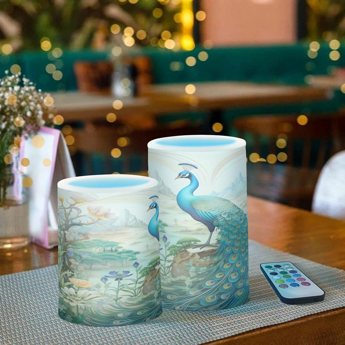 Flickering Flameless Candles, Peacock Garden LED Candles with Remote Timer, Set of 2 Battery Operated Candle for